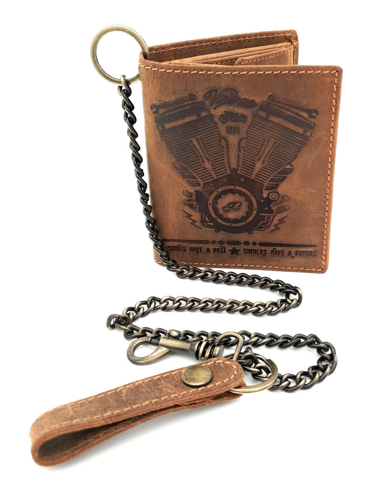 Jockey Club echt Leder Biker Geldbörse Geldbeutel Portemonnaie + 50cm Kette Motor Motorblock mit RFID Schutz braun