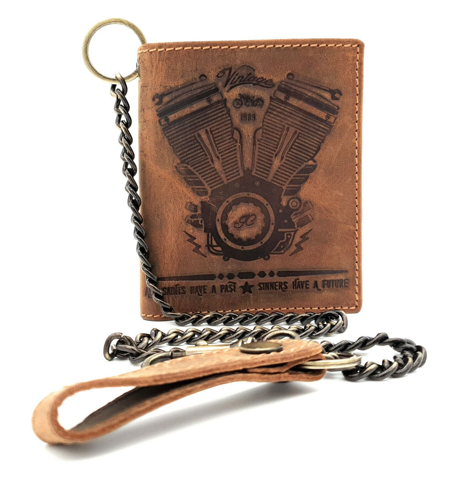 Jockey Club echt Leder Biker Geldbörse Geldbeutel Portemonnaie + 50cm Kette Motor Motorblock mit RFID Schutz braun
