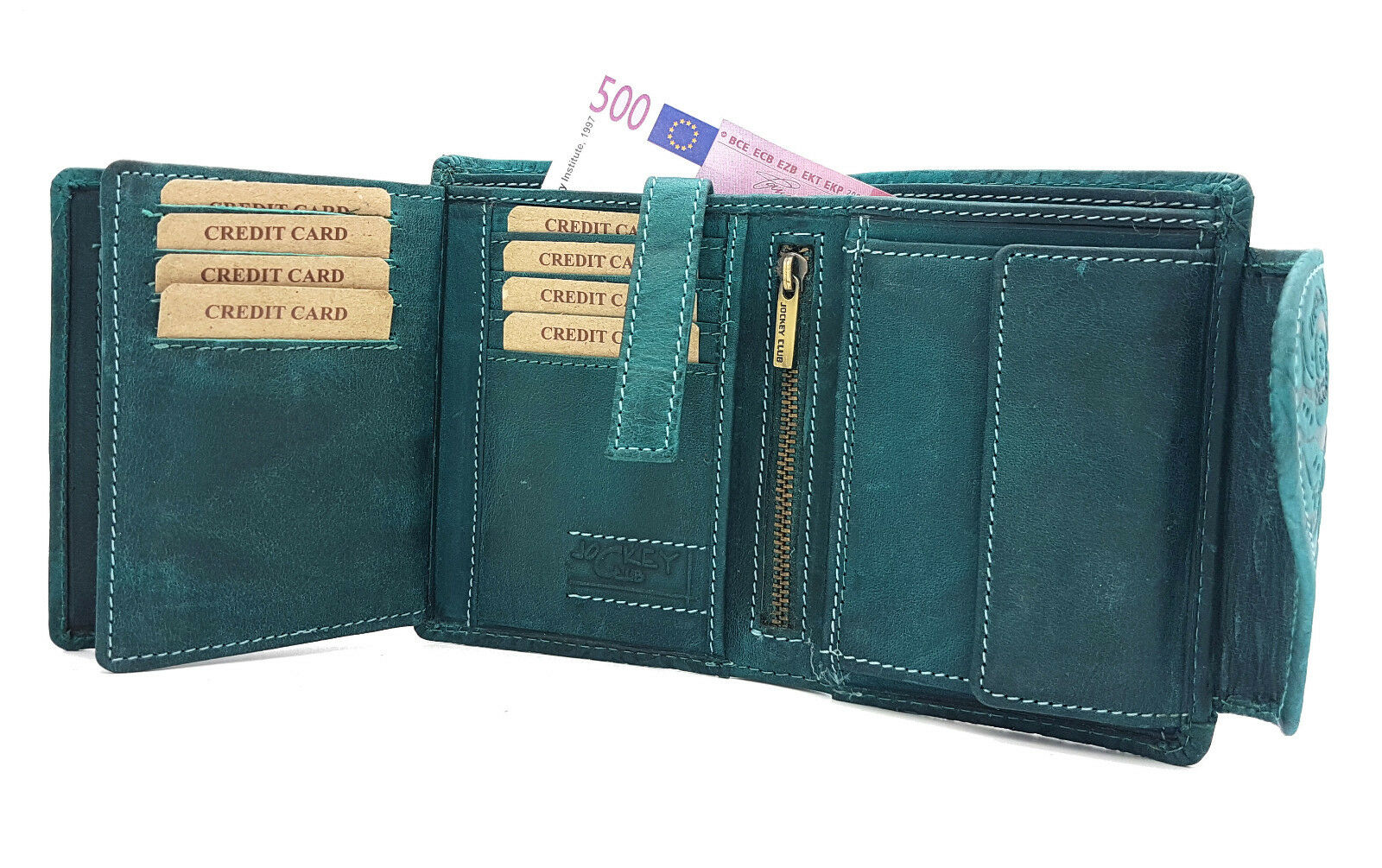 Jockey Club echt Leder Damen Geldbörse Portemonnaie florale Prägung mit RFID Schutz Liane petrol grün