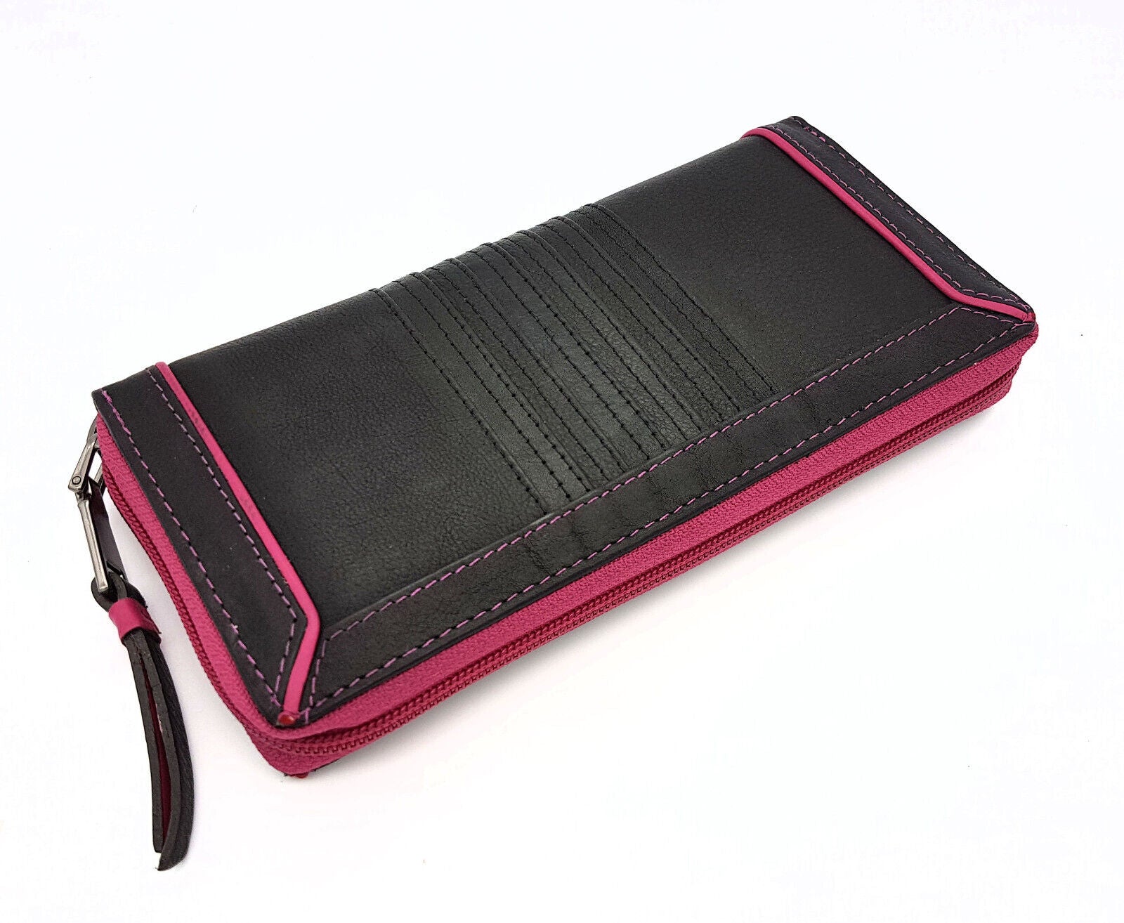 Jockey Club echt Leder Damen Reißverschluss Geldbörse Portemonnaie Rindleder schwarz pink