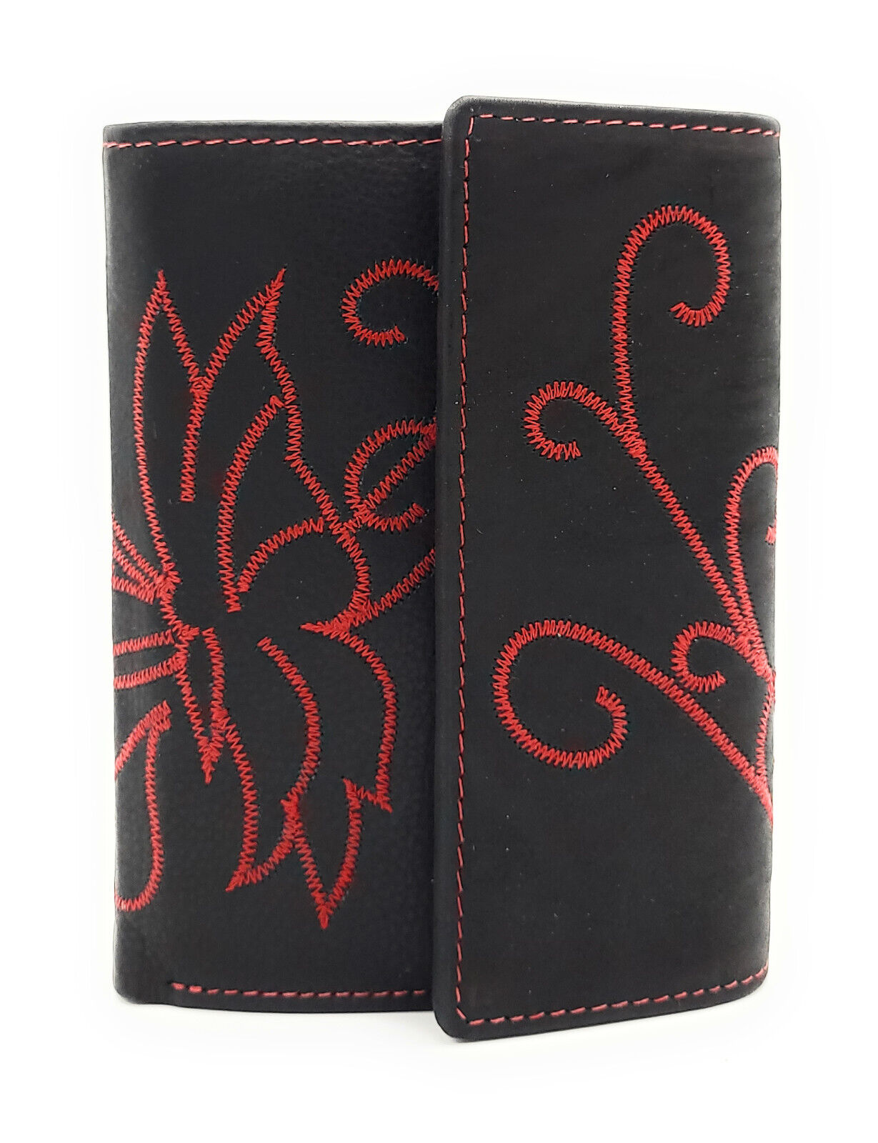 Jockey Club echt Leder Damen Geldbörse mit Stickerei Schmetterling + RFID Schutz schwarz rot