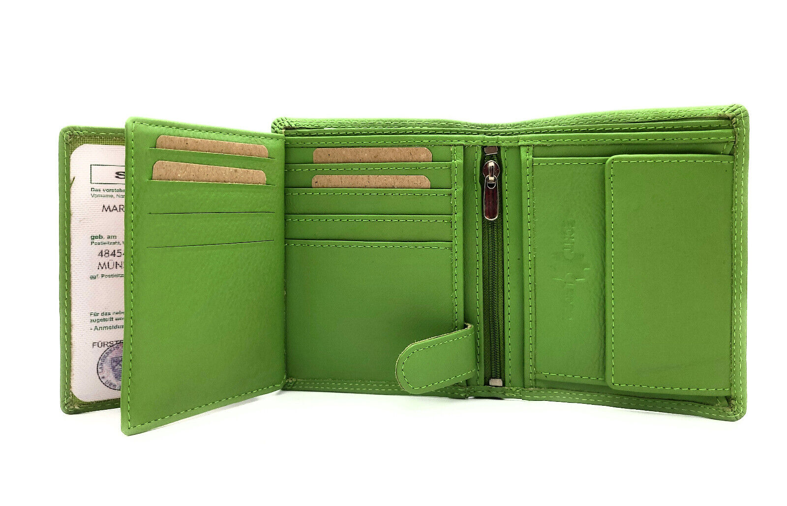 Lemasi Geldbörse Portemonnaie Geldbeutel aus weichem Rindleder 9 Kartenfächer Doppelnaht hellgrün