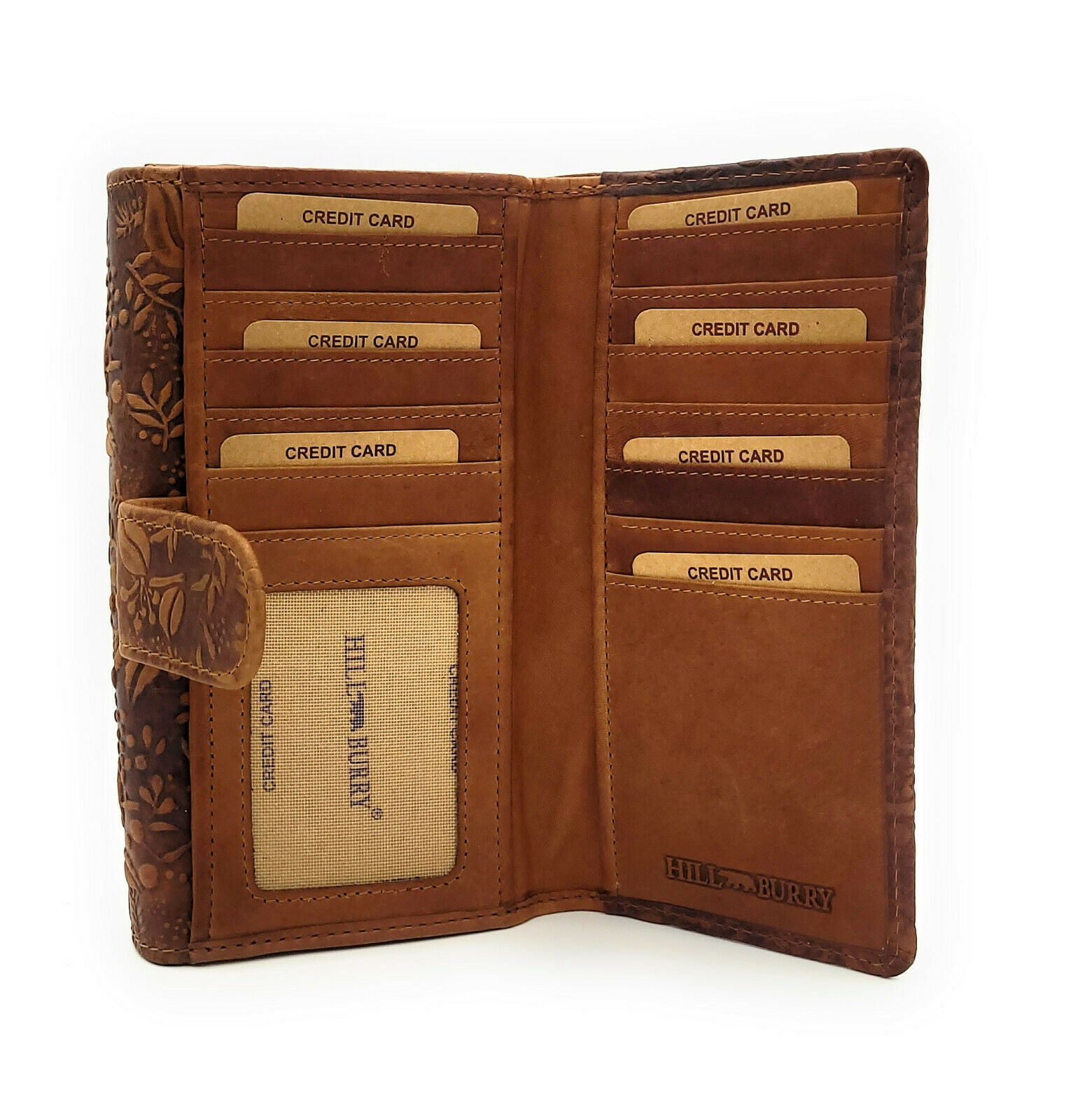Hill Burry Damen Geldbörse Leder Braun RFID Schutz - 17 Kartenfächer Portemonnaie mit Münzfach - Naturleder Brieftasche floral geprägt Vintage