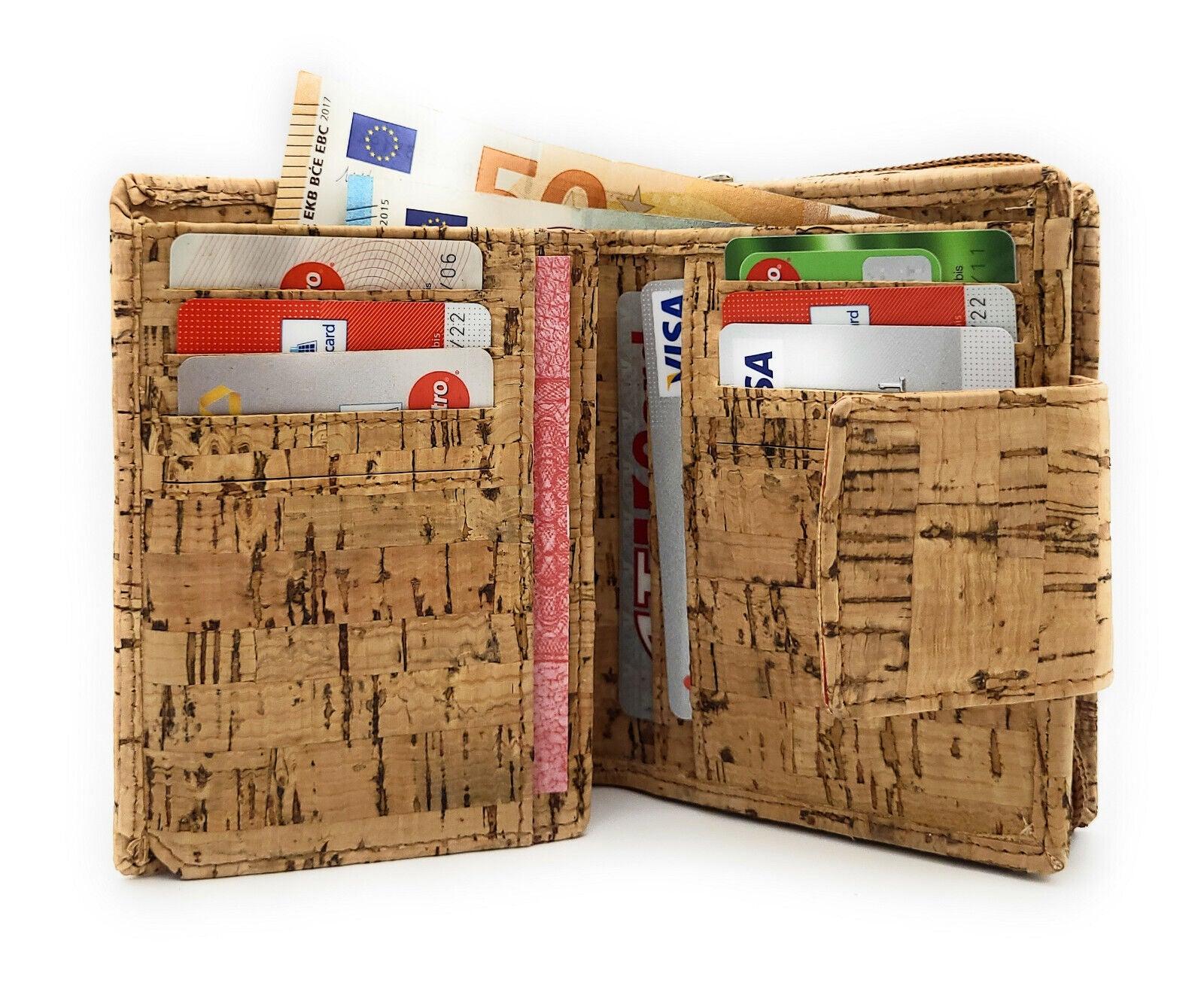 Lemasi Damen Geldbörse Portemonnaie Geldbeutel aus Korkmaterial 12 Kartenfächer, Außenriegel