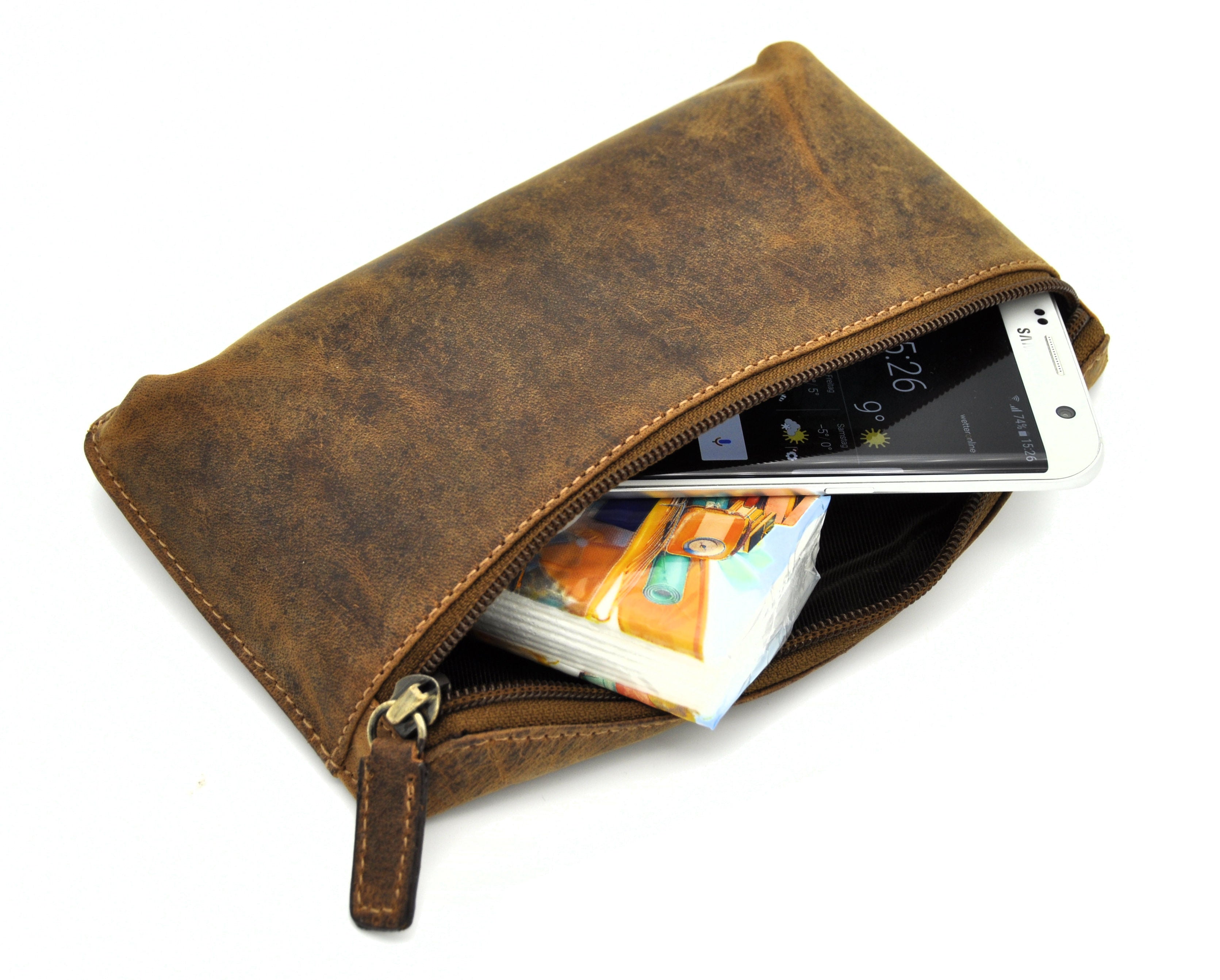 Jockey Club Echt Leder Gürteltasche flach Vintage – Hunterleder braun, handgefertigt, Belt Bag für Smartphones bis 6,2"