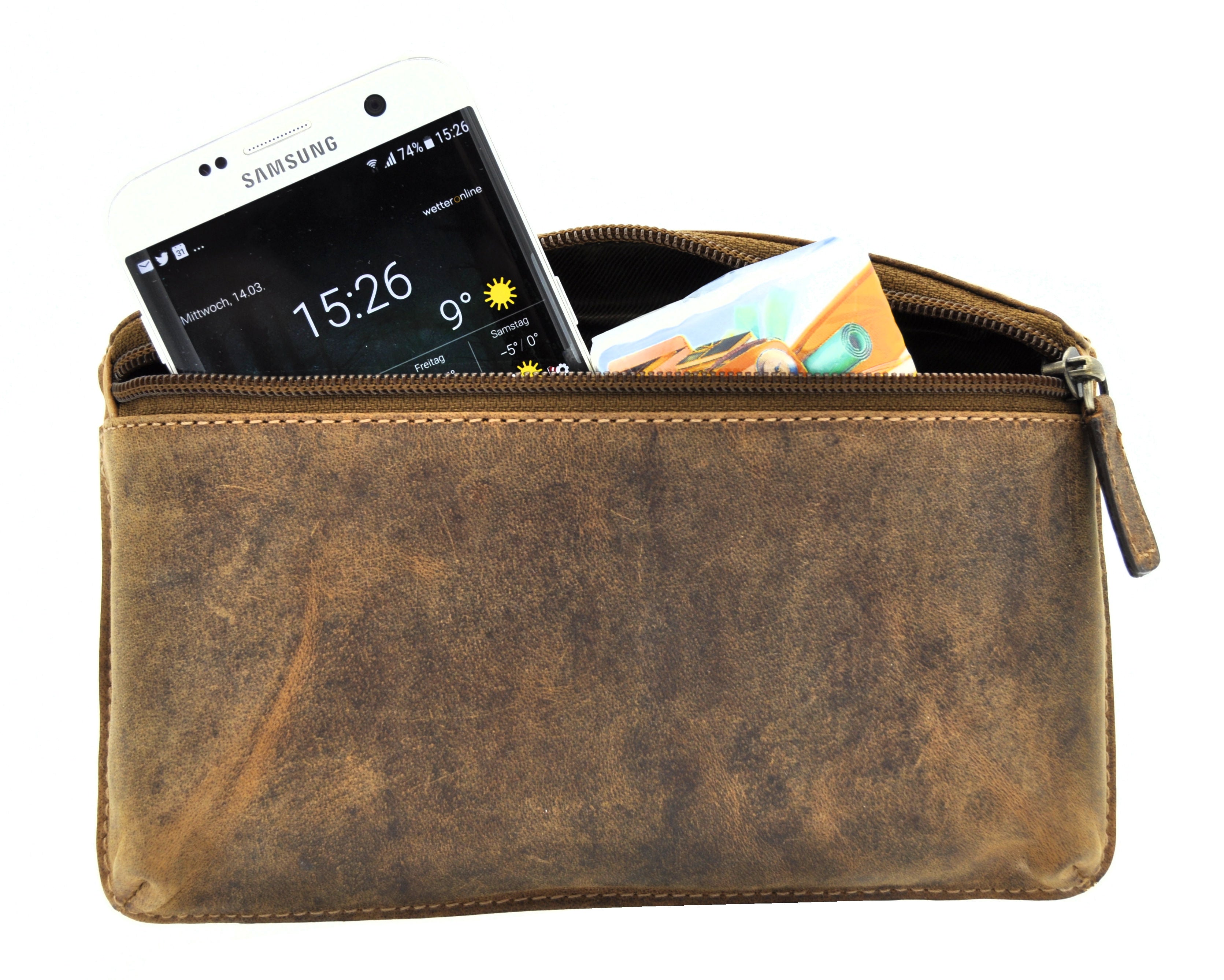 Jockey Club Echt Leder Gürteltasche flach Vintage – Hunterleder braun, handgefertigt, Belt Bag für Smartphones bis 6,2"