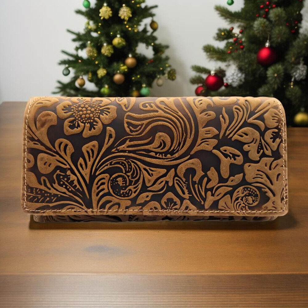 Jockey Club Damengeldbörse, Portemonnaie aus Echtleder mit RFID-Schutz & Blüten-Prägung cognac braun