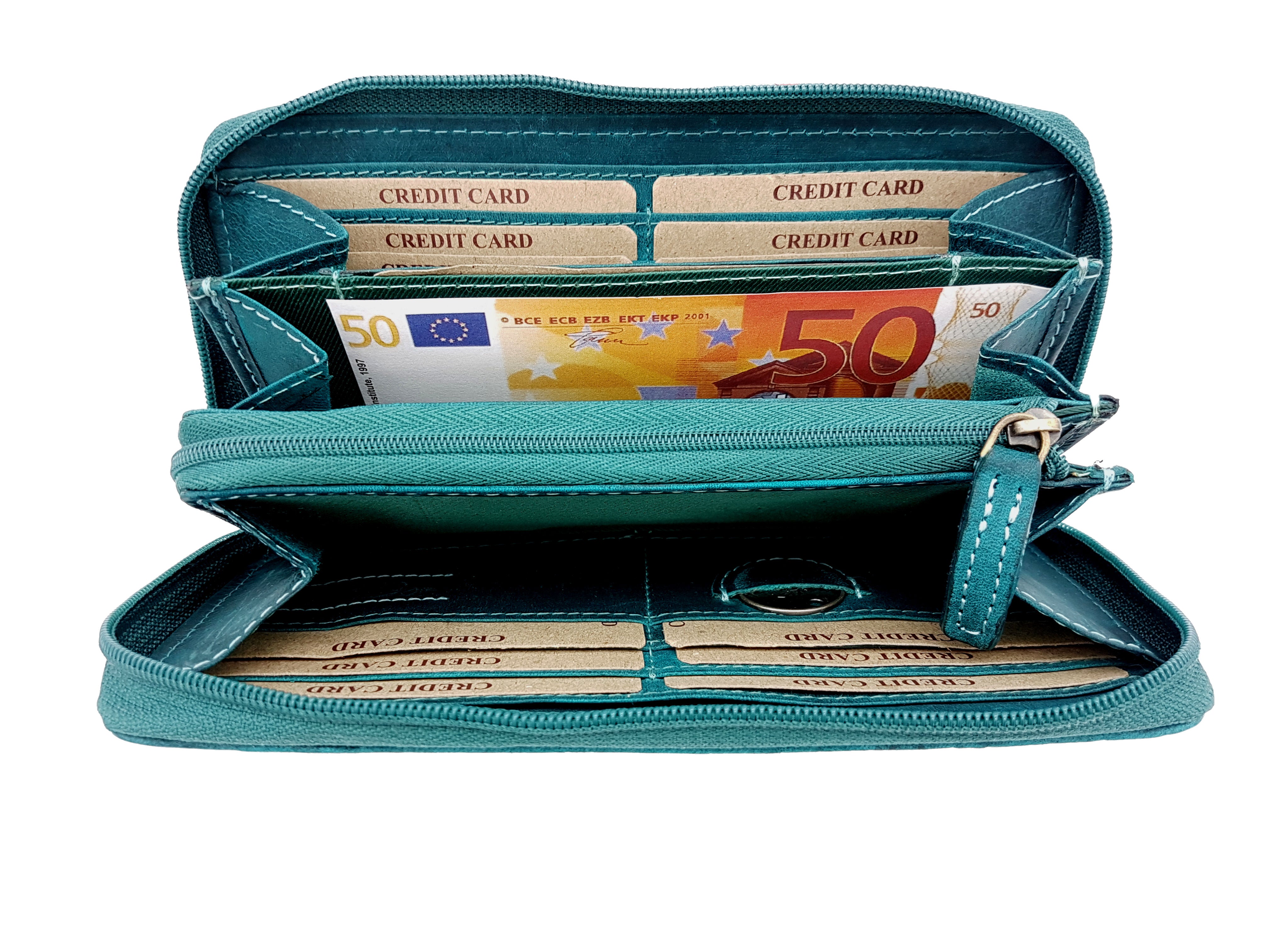 Jockey Club echt Leder Damen Reißverschluss Geldbörse Portemonnaie mit RFID Schutz petrol