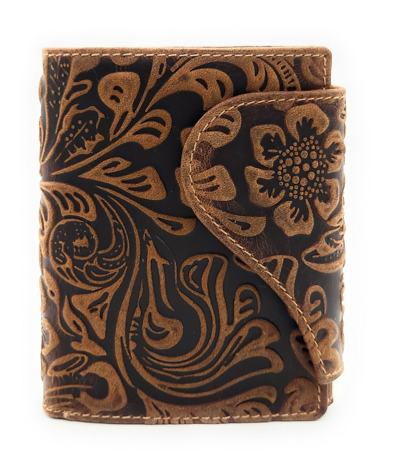 Jockey Club echt Leder Damen Geldbörse Portemonnaie geprägtes Vollrindleder floral mit RFID Schutz Liane cognac braun