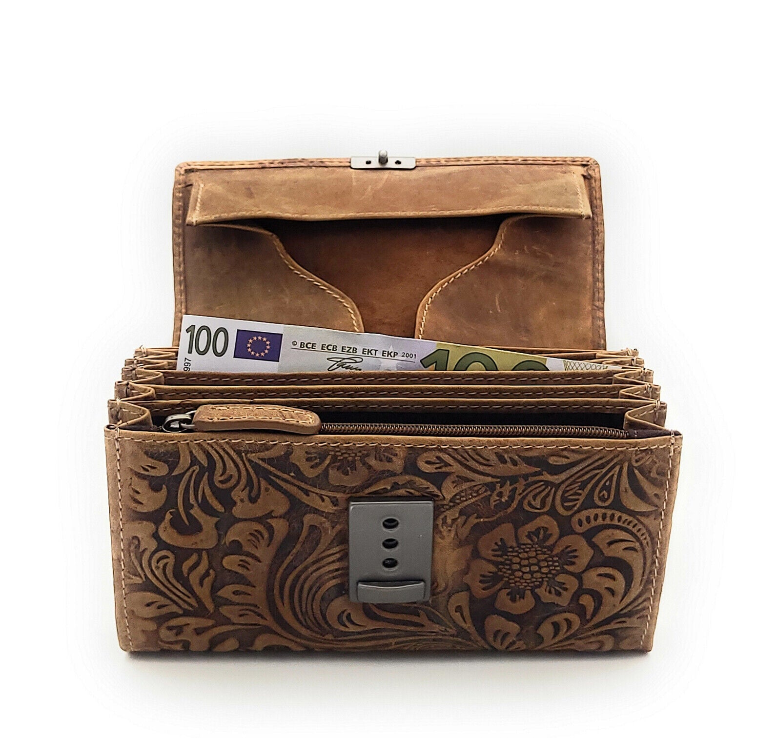 Jockey Club echt Leder Kellnerbörse Geldbörse Portemonnaie Vollrindleder geprägt Blüten & Ranken floral