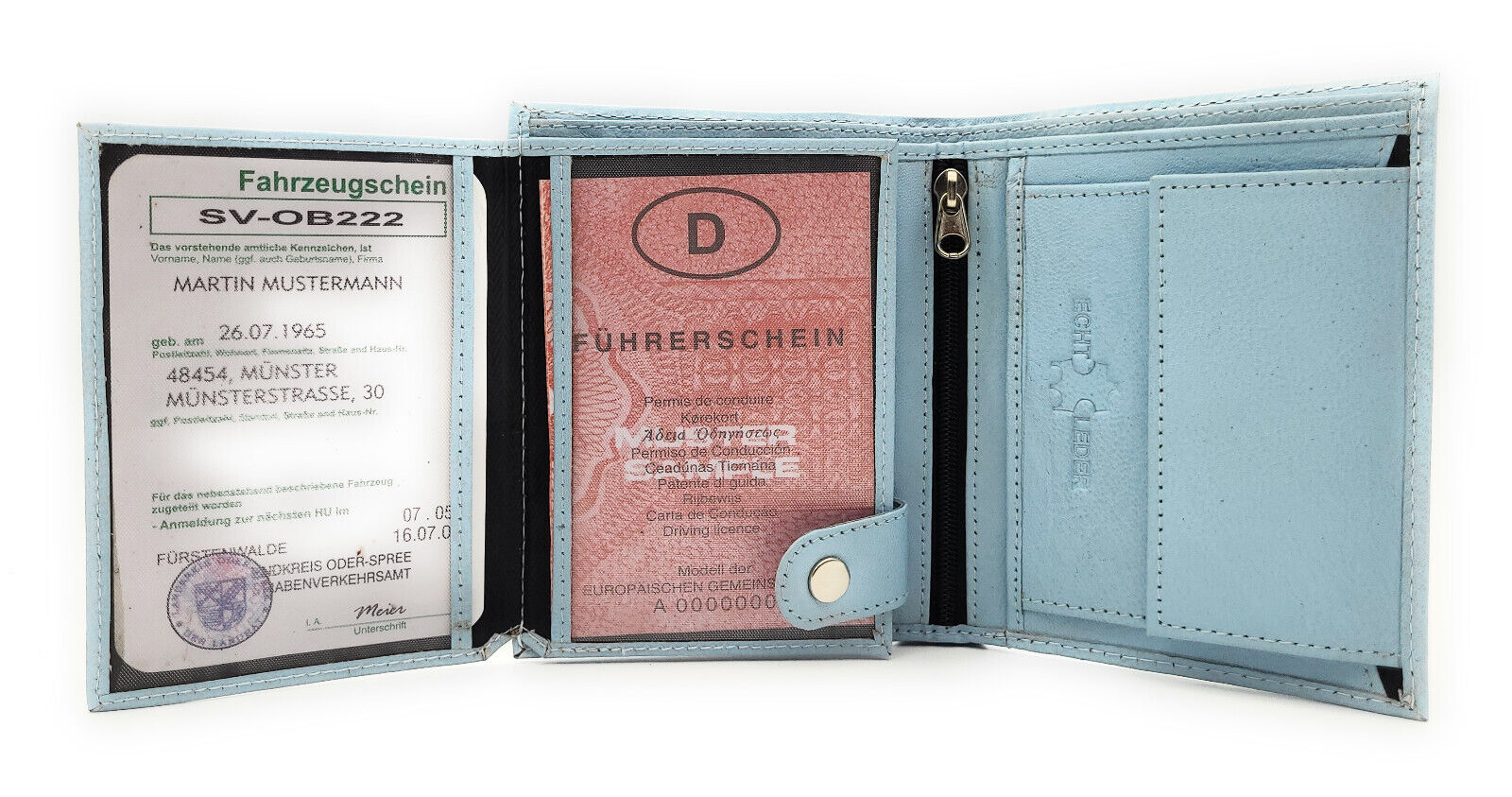 Lemasi Geldbörse Portemonnaie Geldbeutel aus Nappaleder 9 Kartenfächer hellblau