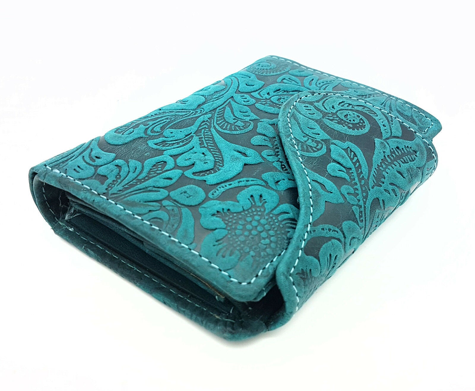 Jockey Club echt Leder Damen Geldbörse Portemonnaie florale Prägung mit RFID Schutz Liane petrol grün