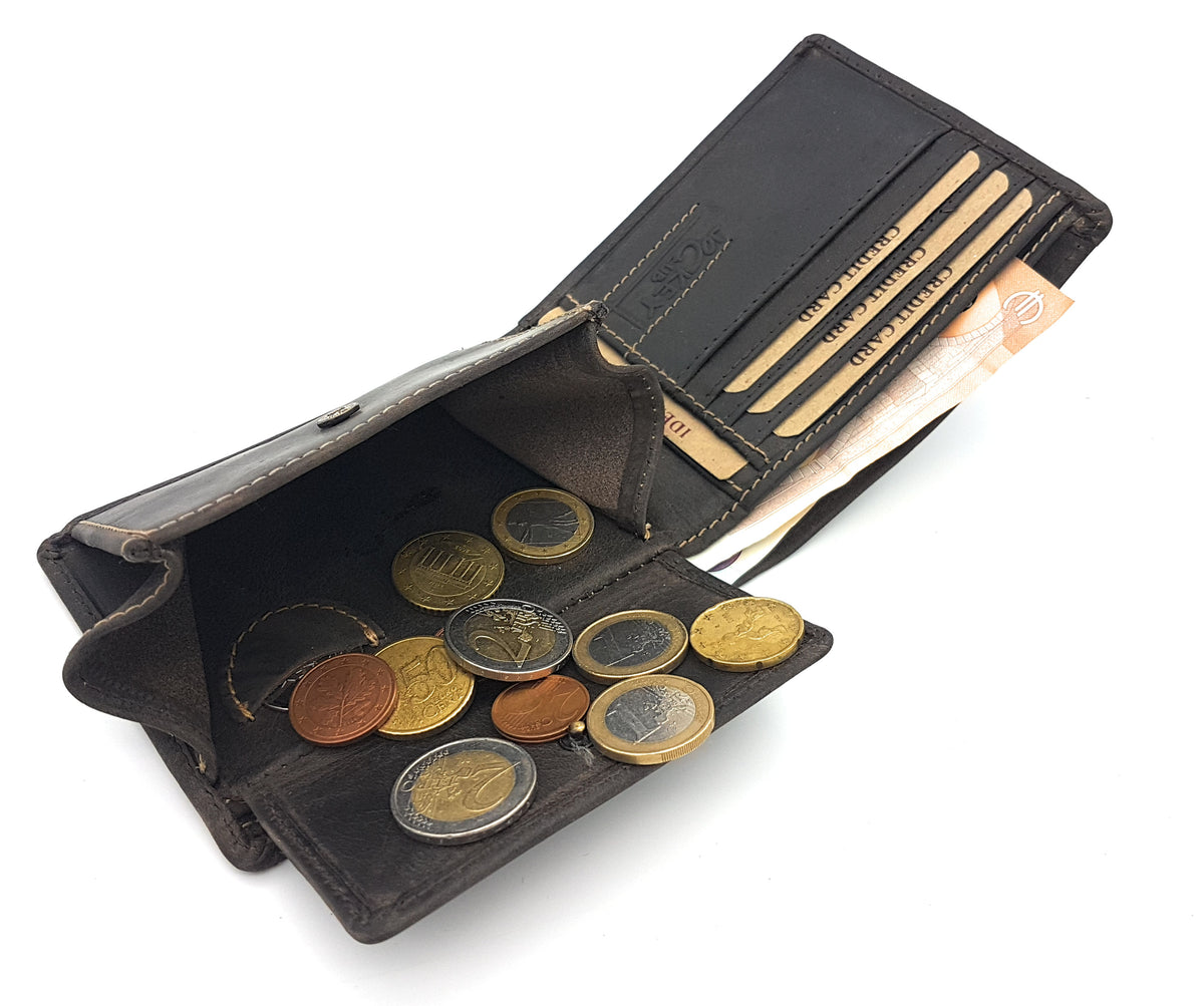 Jockey Club Herren Geldbörse aus echtem Leder mit RFID Schutz – Vintage Portemonnaie aus Vollrind-Hunterleder dunkelbraun mit 7 Kartenfächern "Toro"