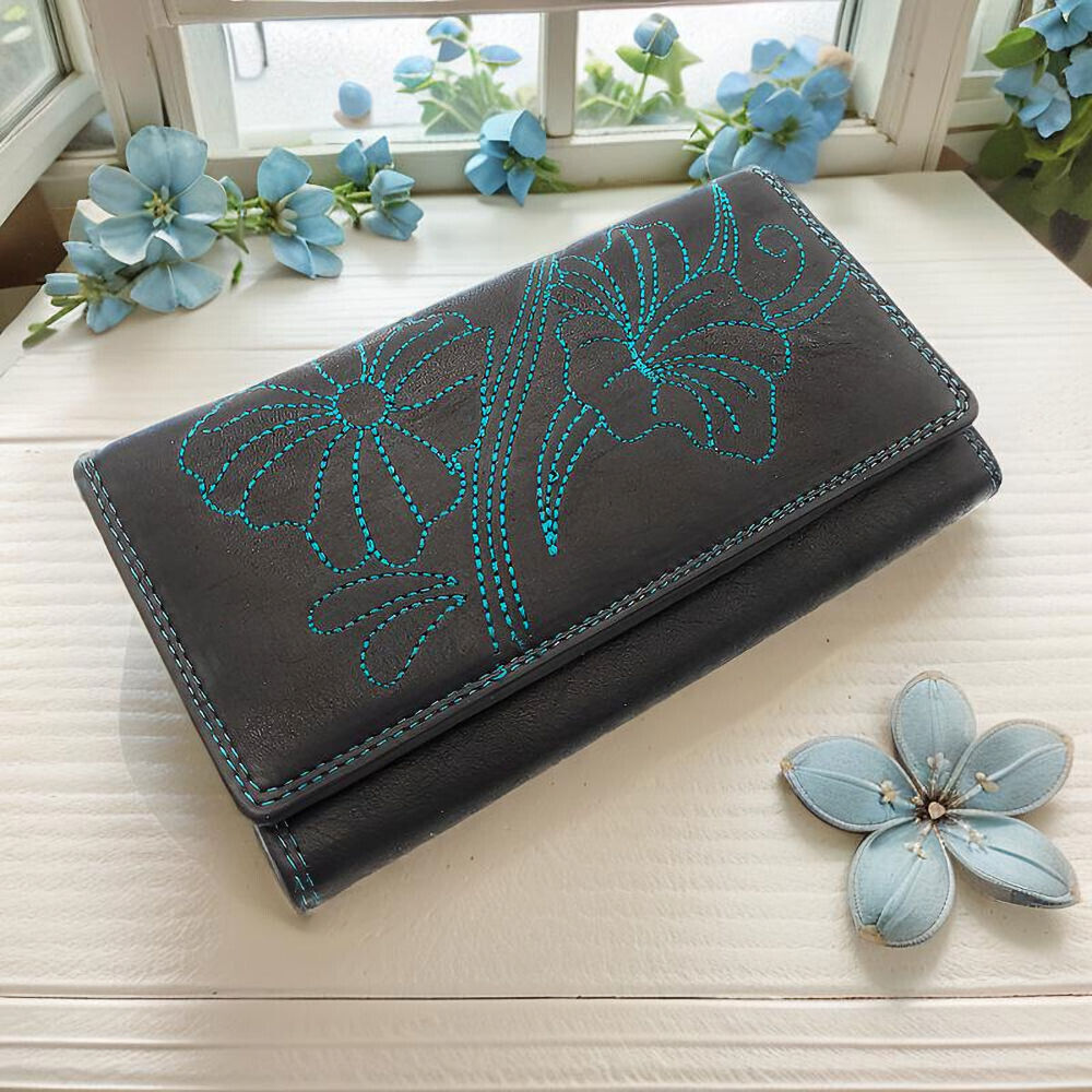 Jockey Club echt Leder Damen Geldbörse Portemonnaie mit RFID Schutz Flower petrol