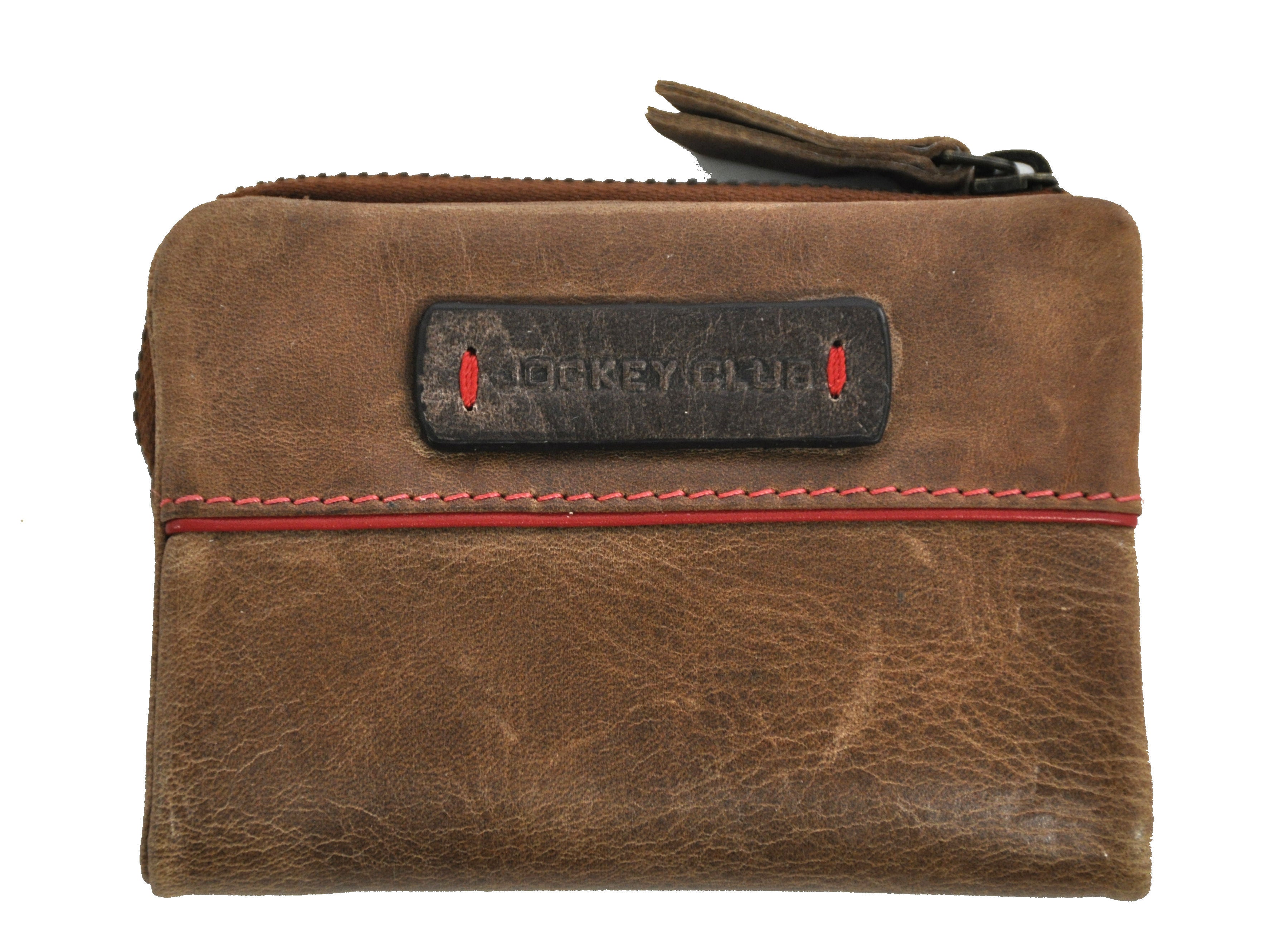 Jockey Club Damen Mini Geldbörse mit RFID Schutz, handgewalktes, gewachstes Rind-Leder Omen of Joy Antik Used Optik Cognac braun mit rotem Keder