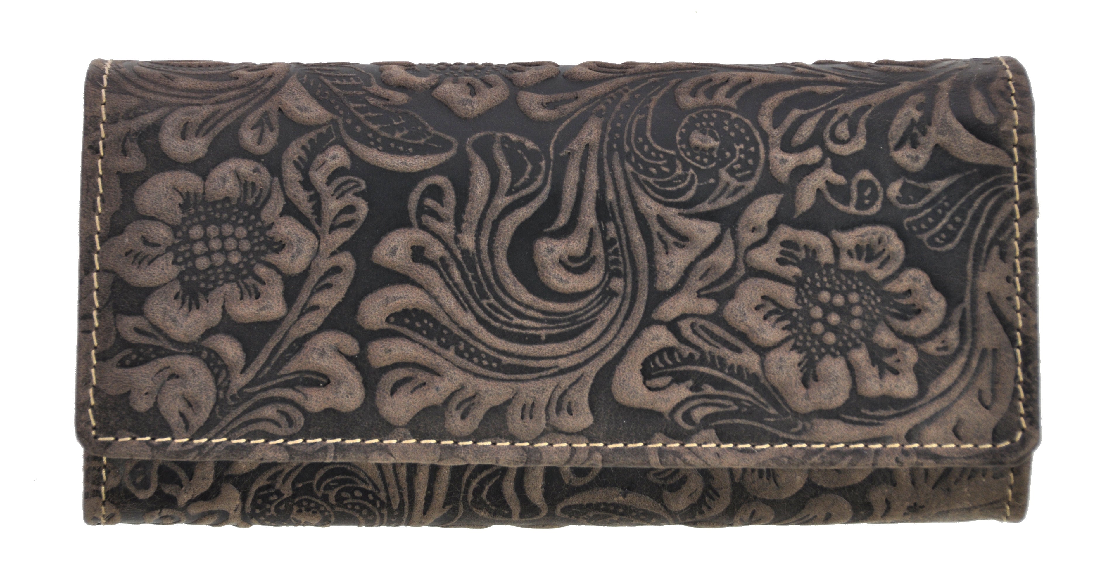 Jockey Club Damengeldbörse, Portemonnaie aus Echtleder mit RFID-Schutz & Blüten-Prägung