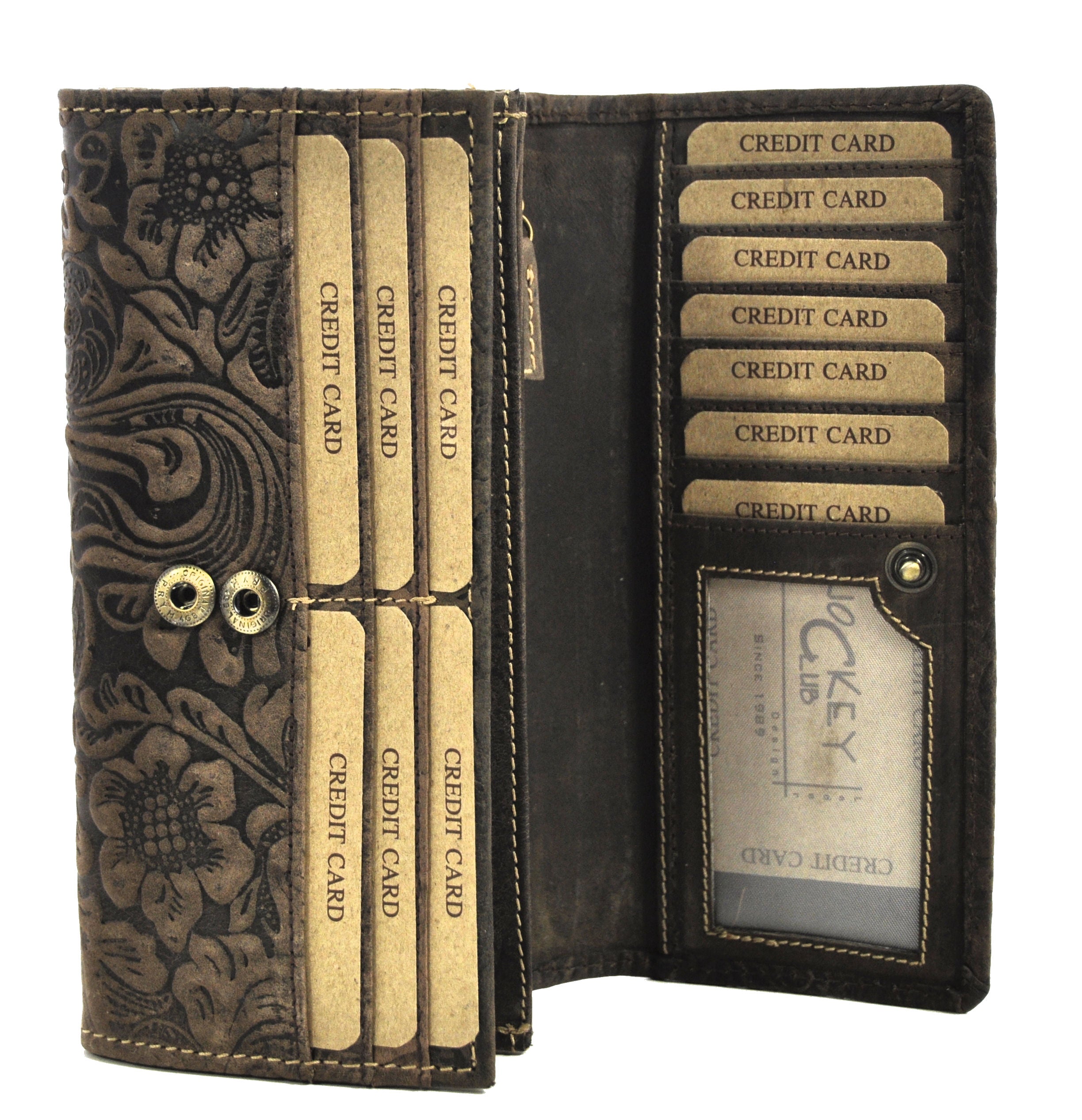 Jockey Club Damengeldbörse, Portemonnaie aus Echtleder mit RFID-Schutz & Blüten-Prägung