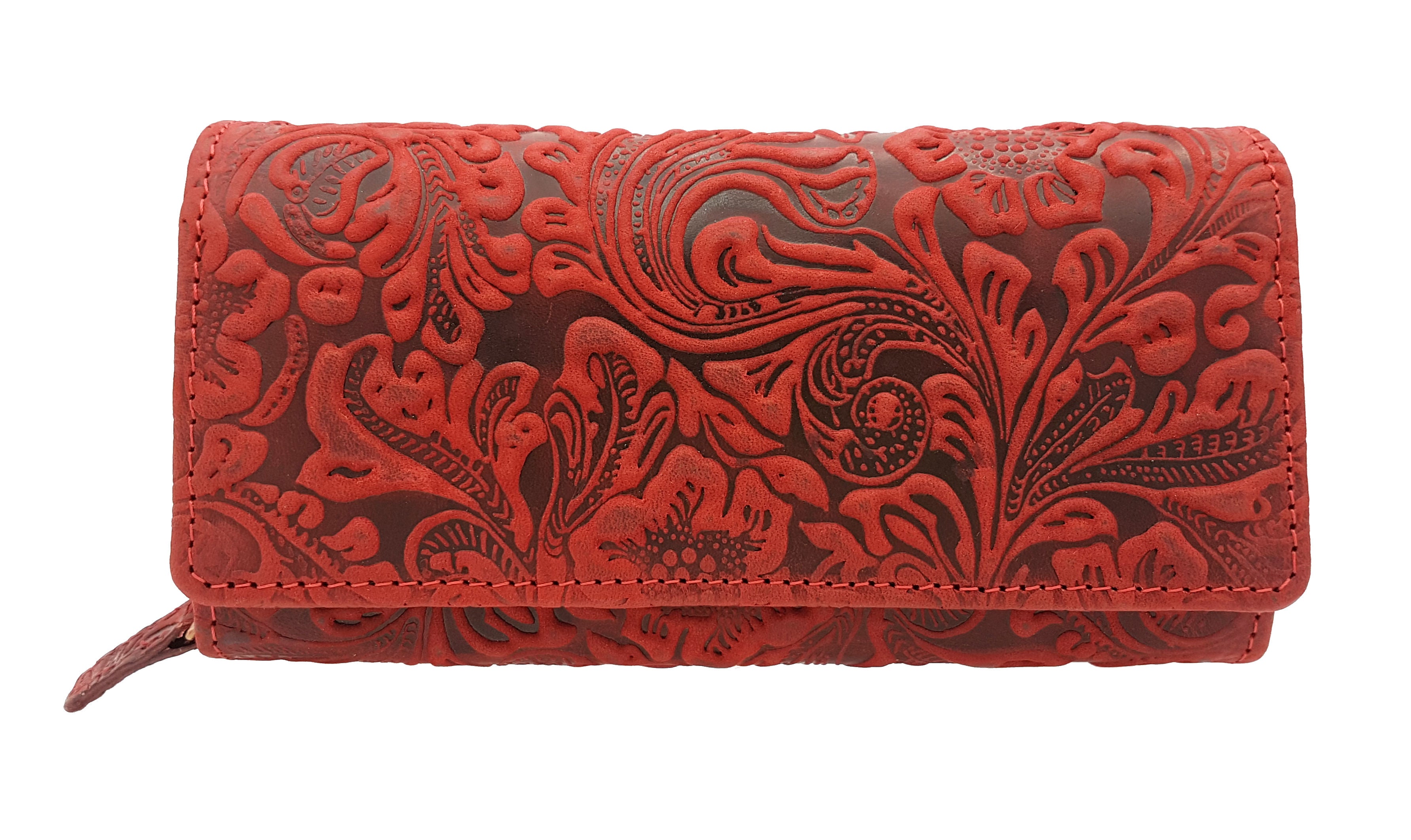 Jockey Club Damengeldbörse, Portemonnaie aus Echtleder mit RFID-Schutz & Blüten-Prägung rot