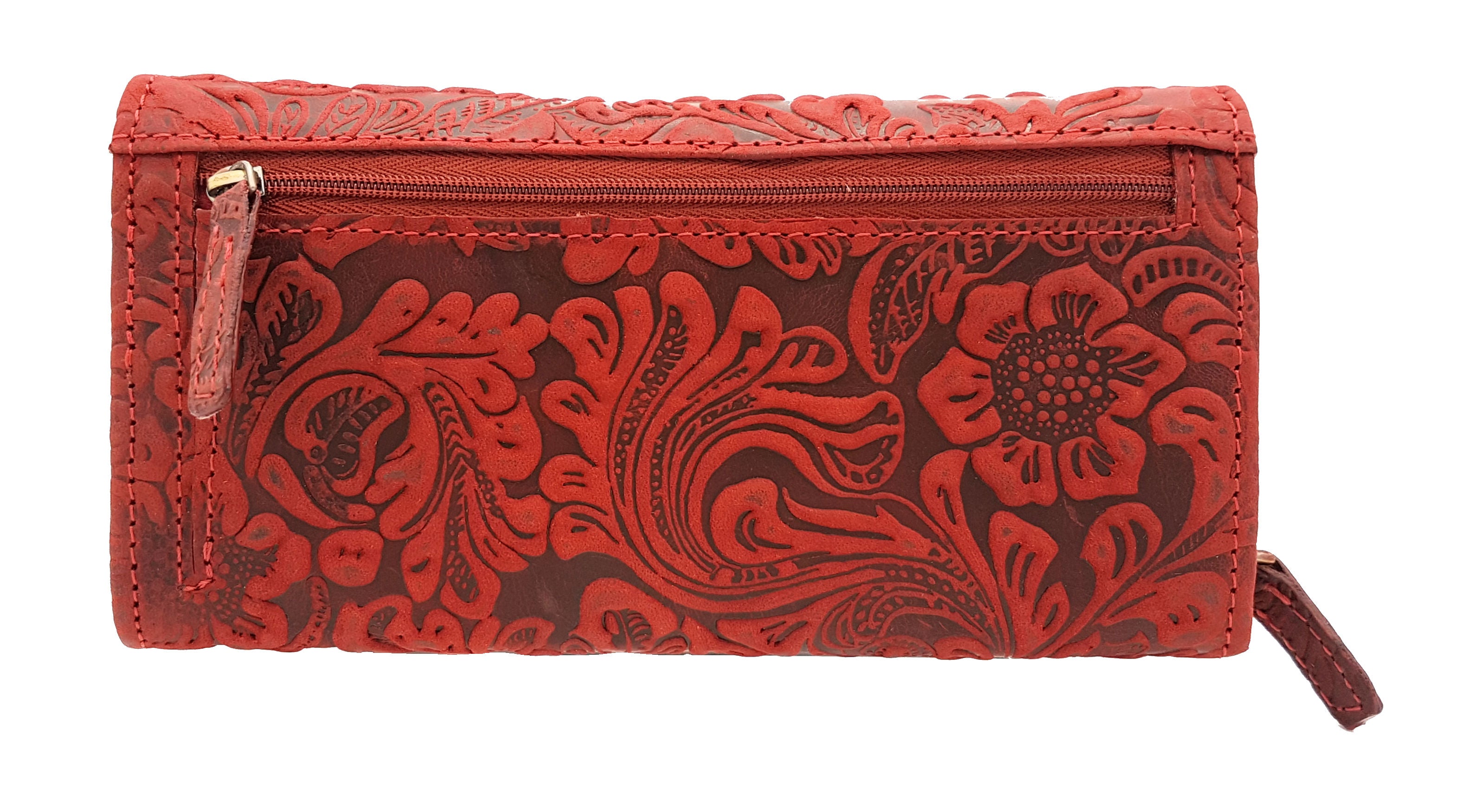 Jockey Club Damengeldbörse, Portemonnaie aus Echtleder mit RFID-Schutz & Blüten-Prägung rot