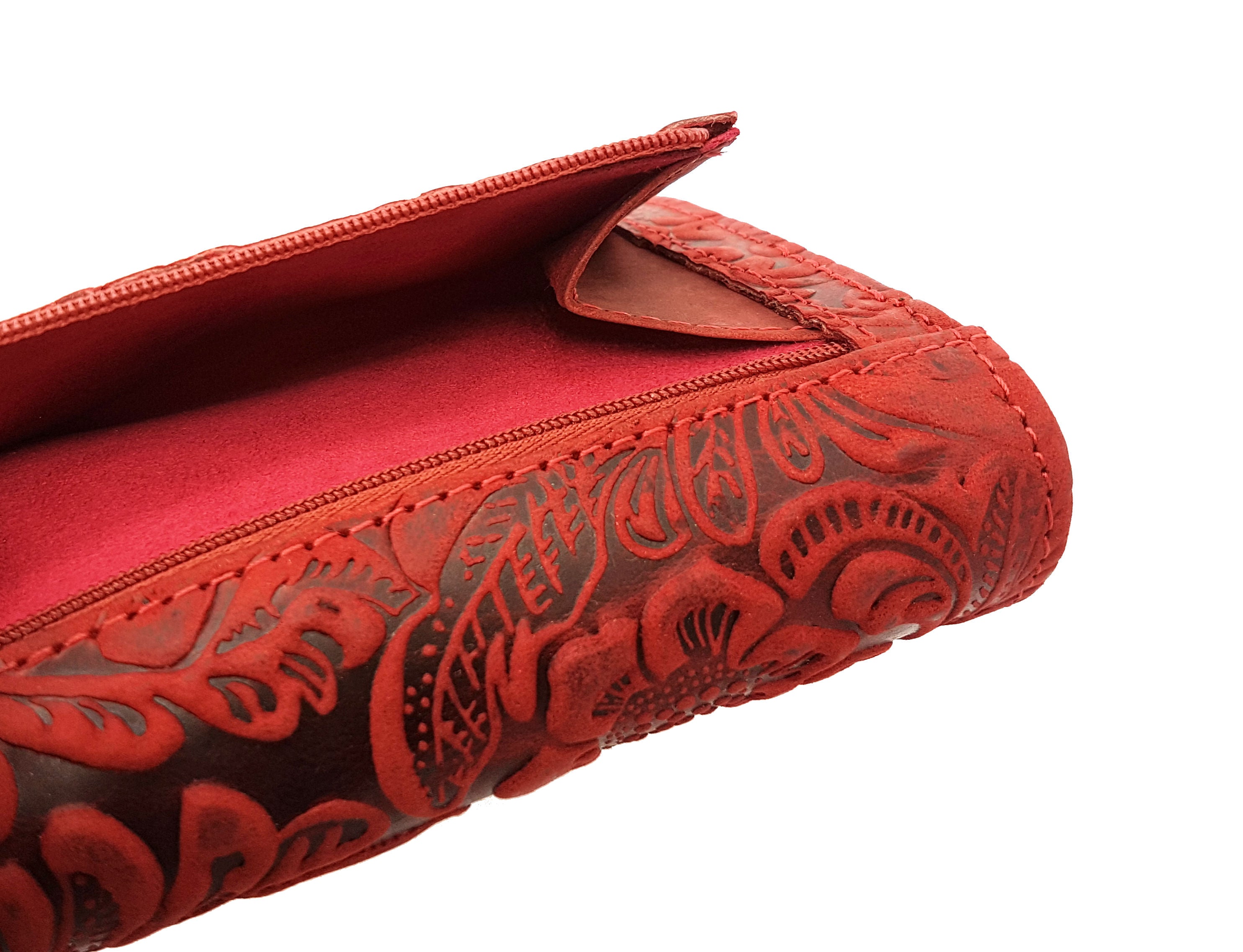 Jockey Club Damengeldbörse, Portemonnaie aus Echtleder mit RFID-Schutz & Blüten-Prägung rot