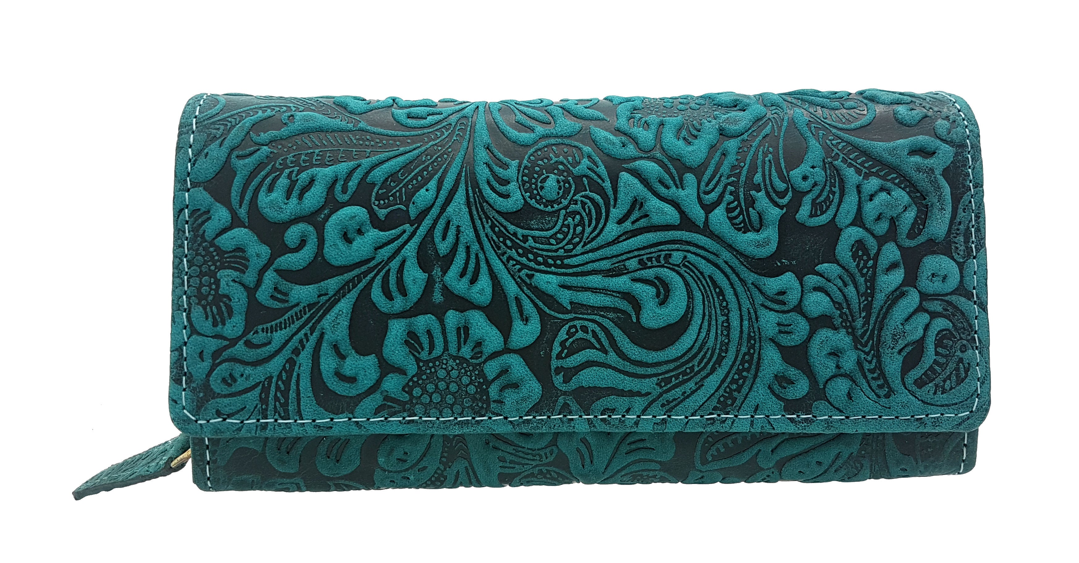 Jockey Club Damengeldbörse, Portemonnaie aus Echtleder mit RFID-Schutz & Blüten-Prägung petrol