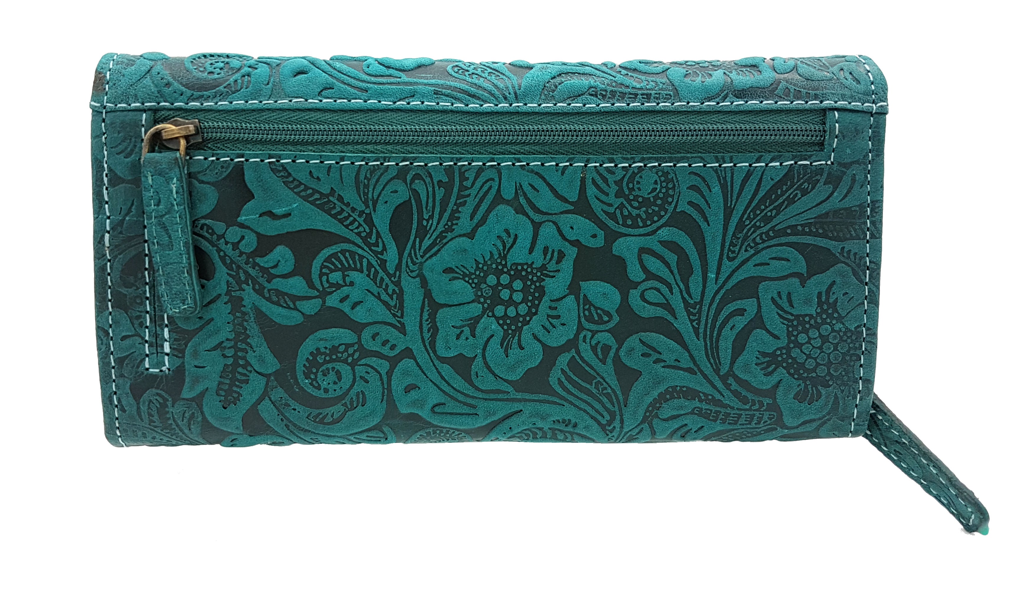 Jockey Club Damengeldbörse, Portemonnaie aus Echtleder mit RFID-Schutz & Blüten-Prägung petrol