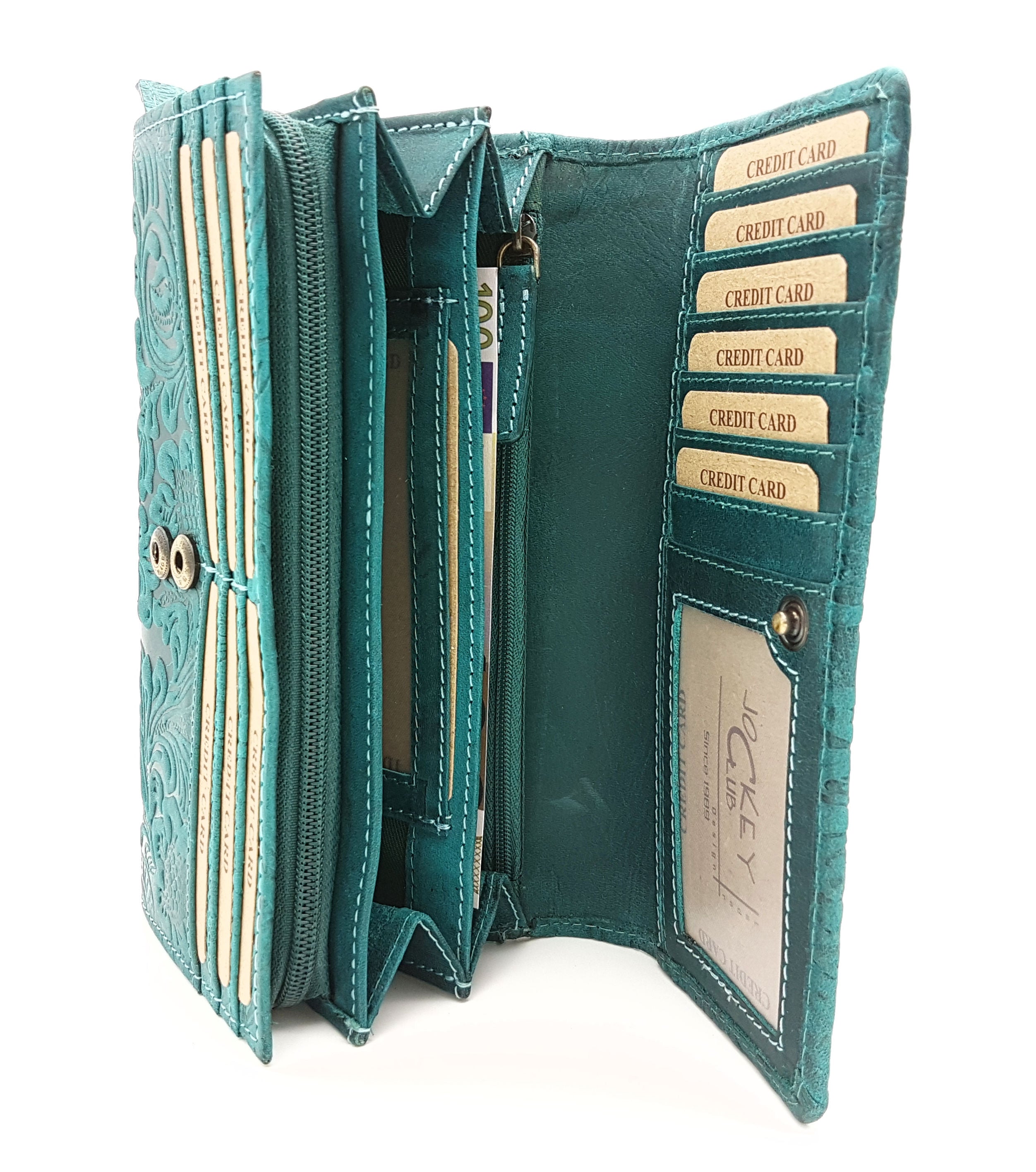 Jockey Club Damengeldbörse, Portemonnaie aus Echtleder mit RFID-Schutz & Blüten-Prägung petrol