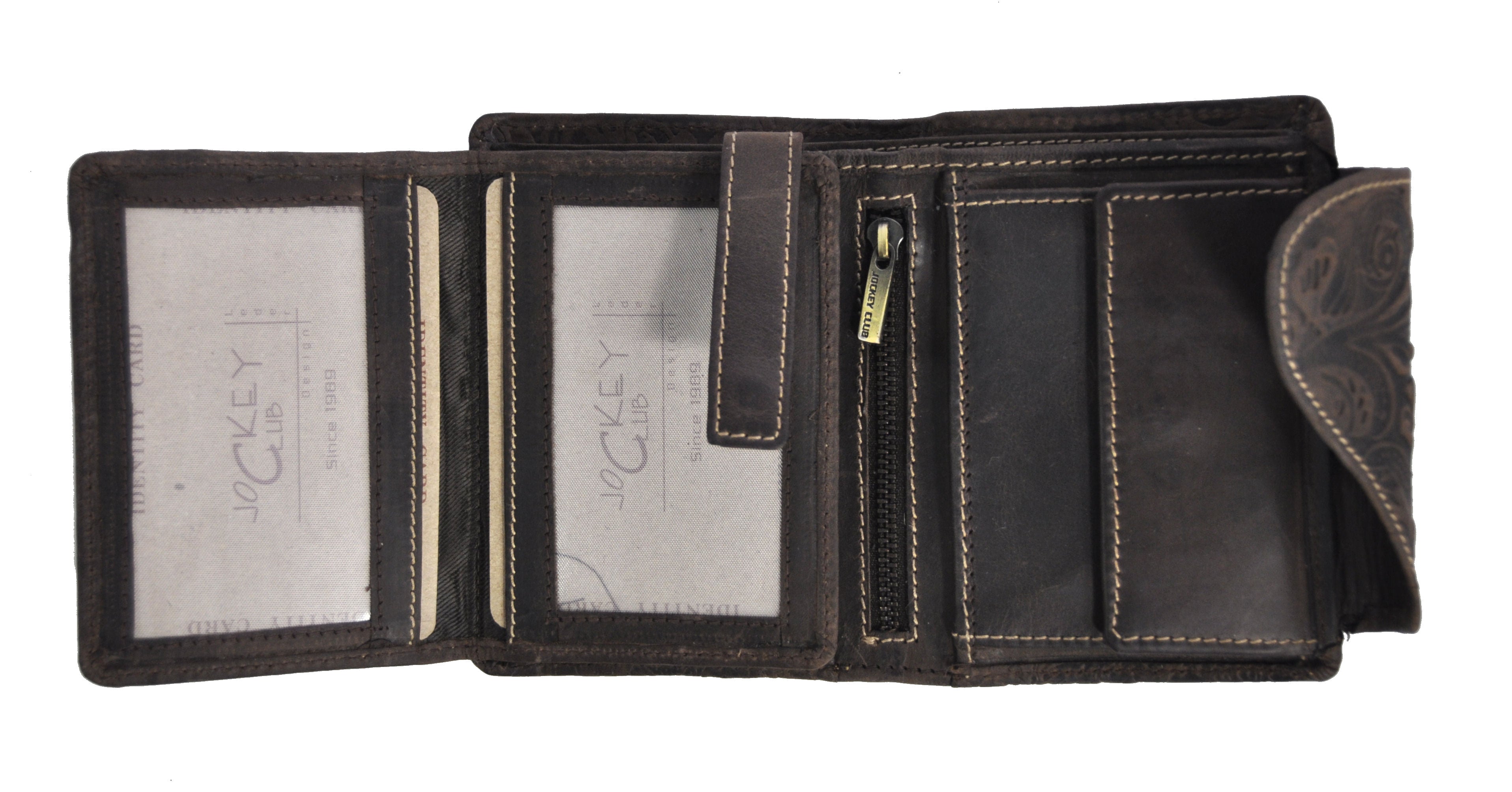 Jockey Club echt Leder Damen Geldbörse Portemonnaie geprägtes Vollrindleder floral mit RFID Schutz Liane braun