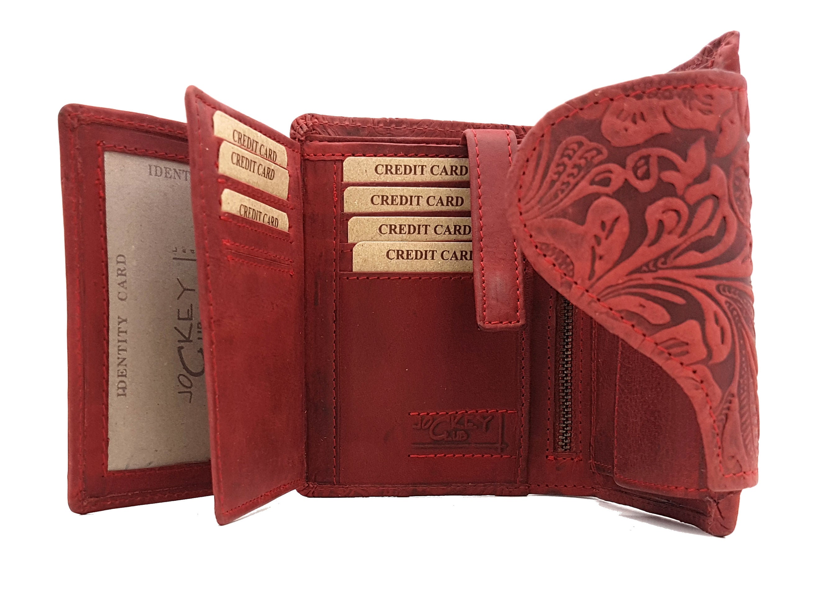 Jockey Club echt Leder Damen Geldbörse Portemonnaie geprägtes Vollrindleder floral mit RFID Schutz Liane rot
