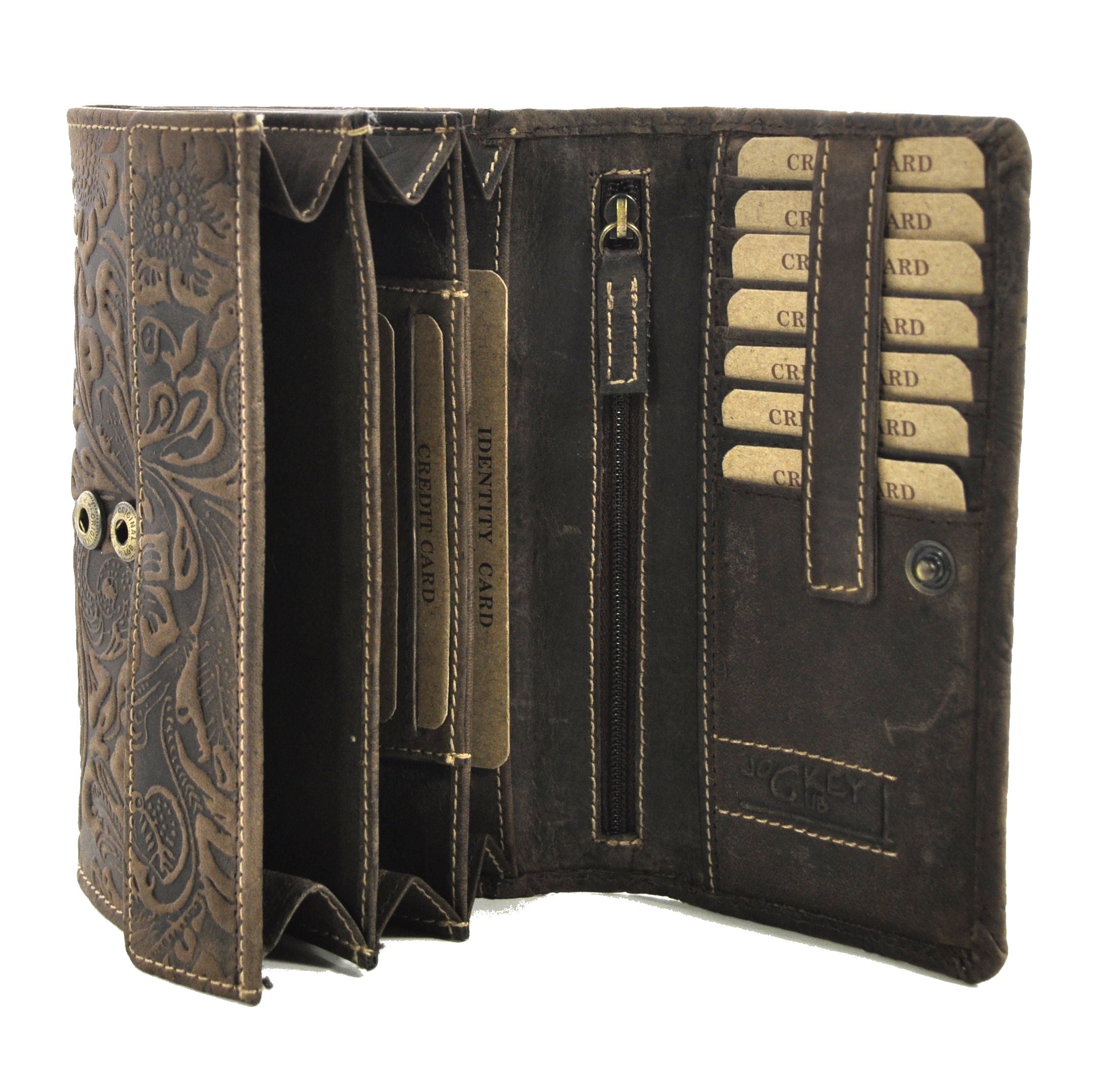 Jockey Club Damen Geldbörse lang Portemonnaie geprägtes Vollrindleder Ranken und Blüten mit RFID Schutz braun