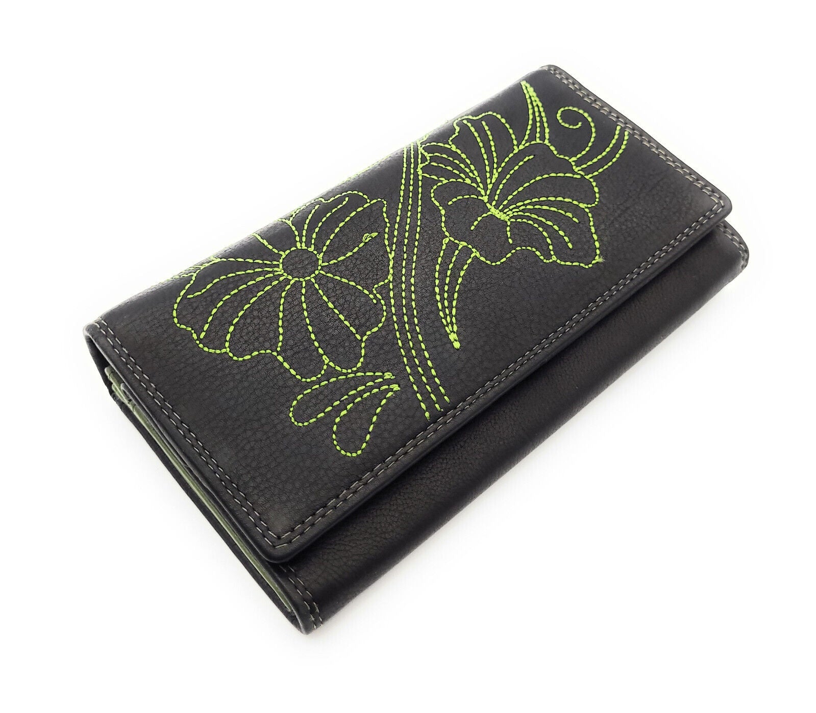 Jockey Club echt Leder Damen Geldbörse Portemonnaie mit RFID Schutz Flower grün