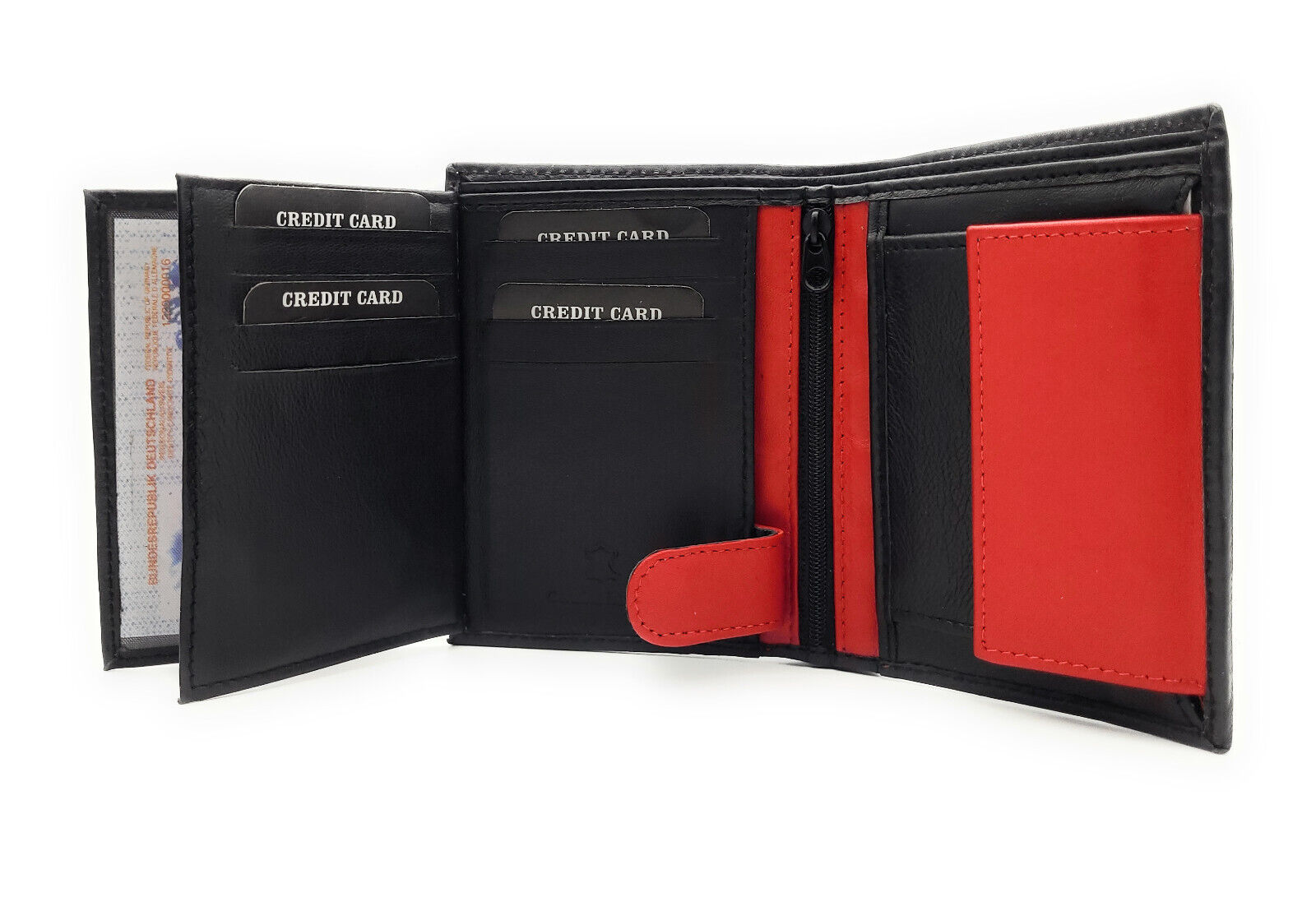 Lemasi Geldbörse Portemonnaie Geldbeutel aus Nappaleder 9 Kartenfächer schwarz rot