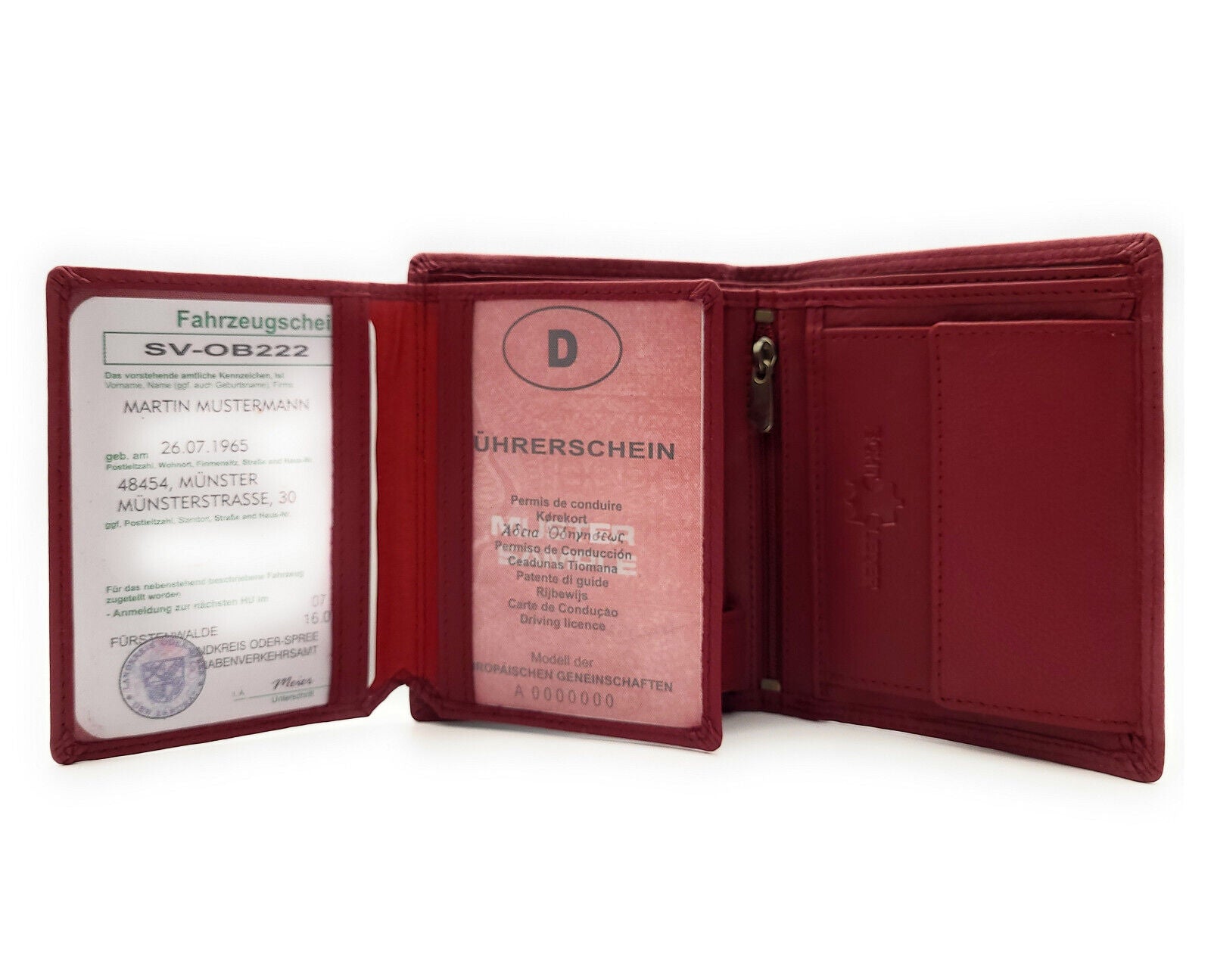 Lemasi Geldbörse Portemonnaie Geldbeutel aus weichem Rindleder 9 Kartenfächer Doppelnaht rot