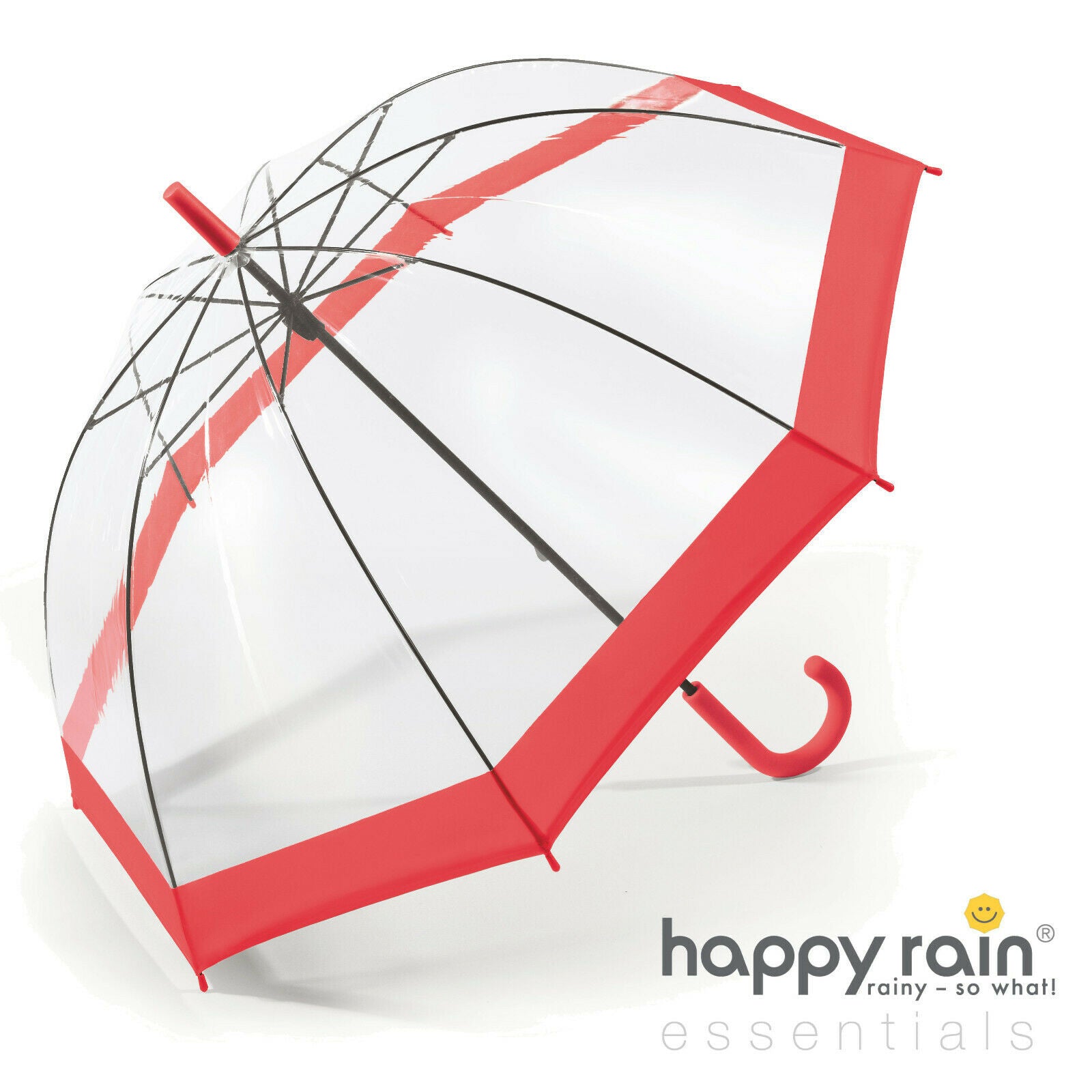 Happy Rain Regenschirm Stockschirm transparent durchsichtig mit rotem Rand Glockenschirm