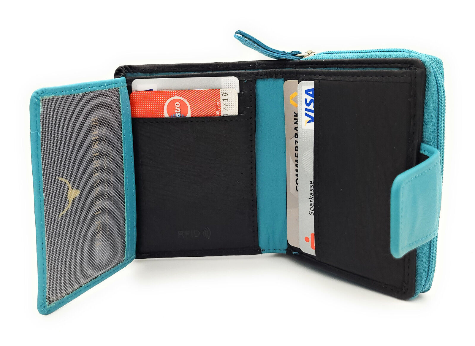 Jockey Club echt Leder Mini Geldbörse Portemonnaie mit RFID Schutz schwarz türkis
