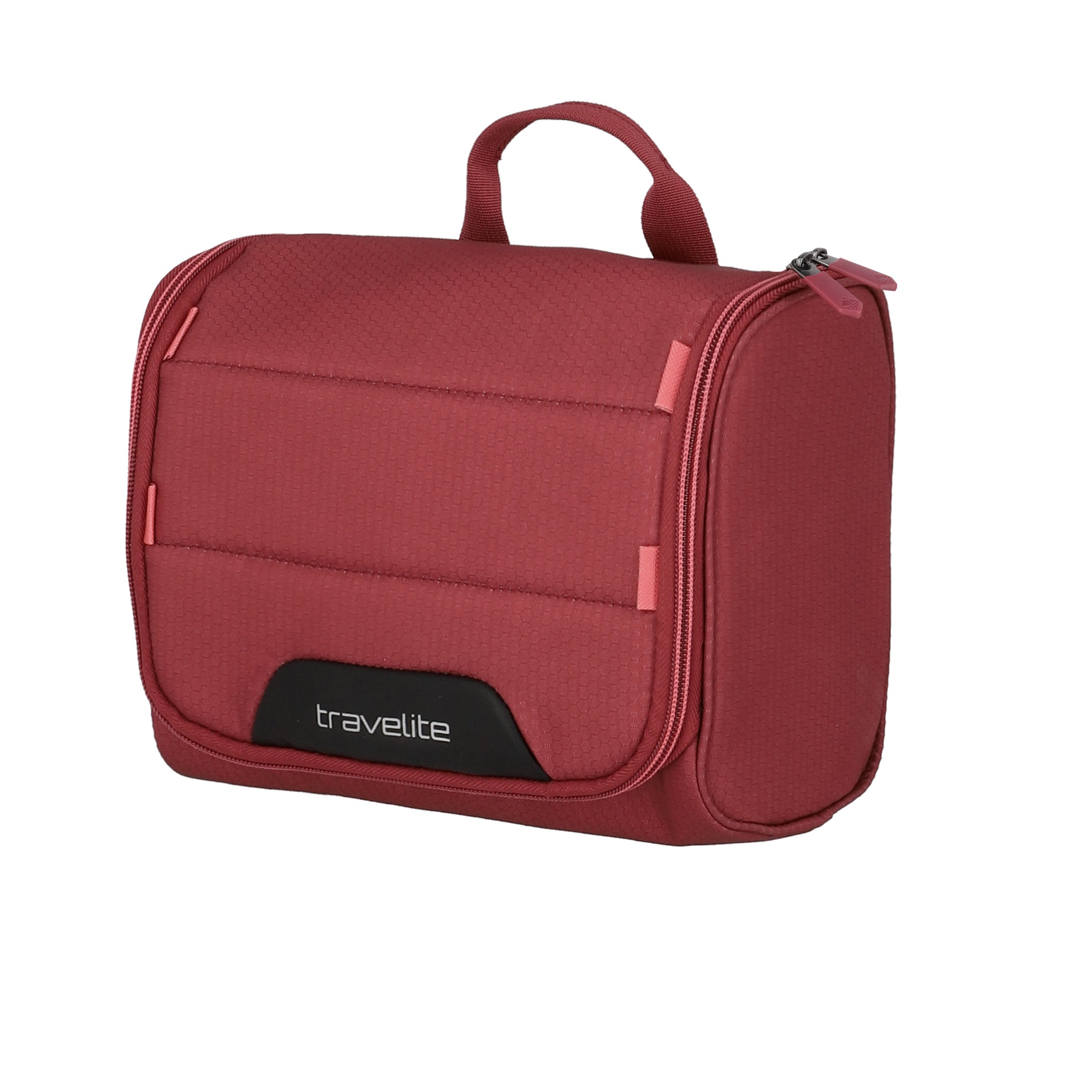 Travelite Skaii Kulturtasche Kulturbeutel zum Hängen aus recyceltem Polyester Farbe Abendrot