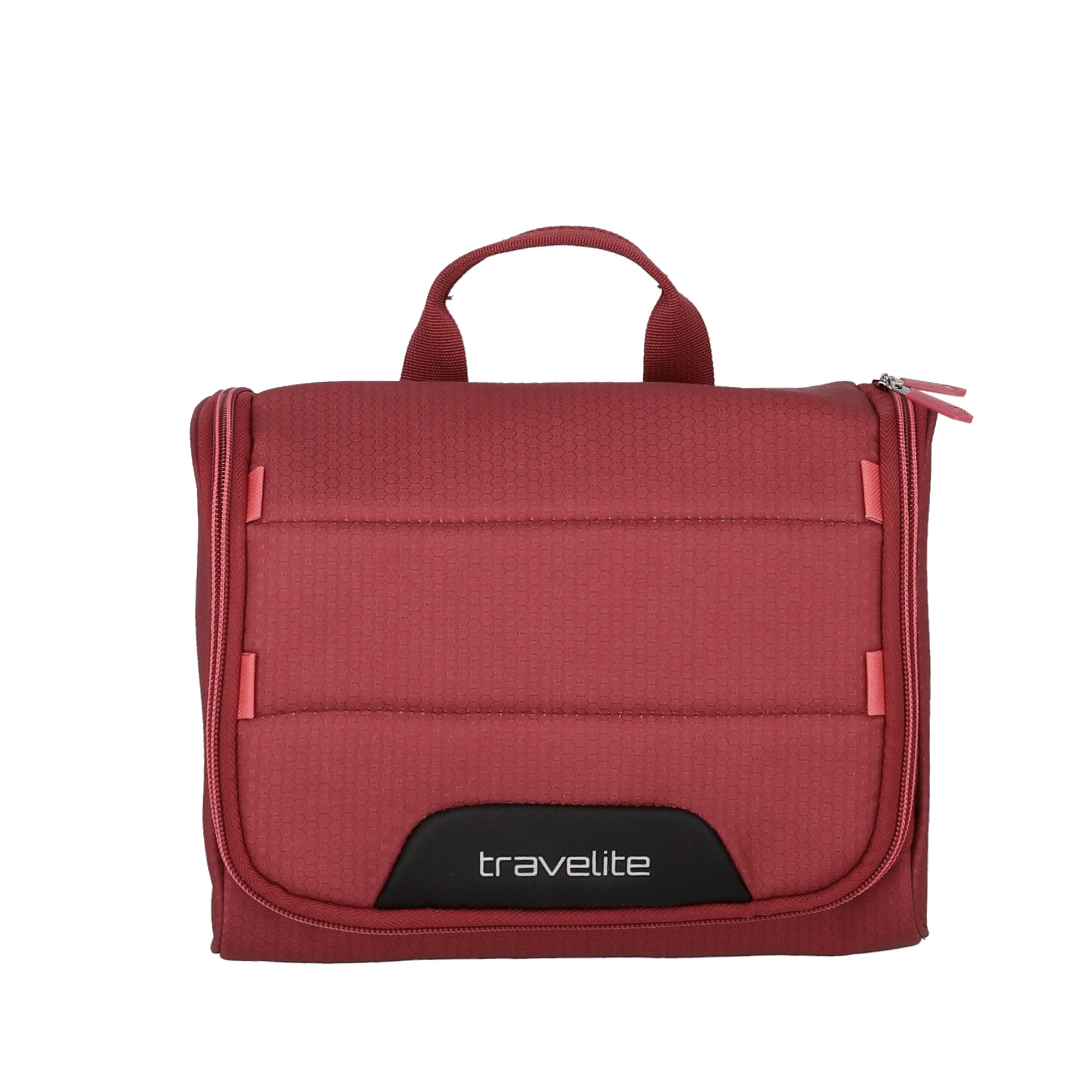 Travelite Skaii Kulturtasche Kulturbeutel zum Hängen aus recyceltem Polyester Farbe Abendrot