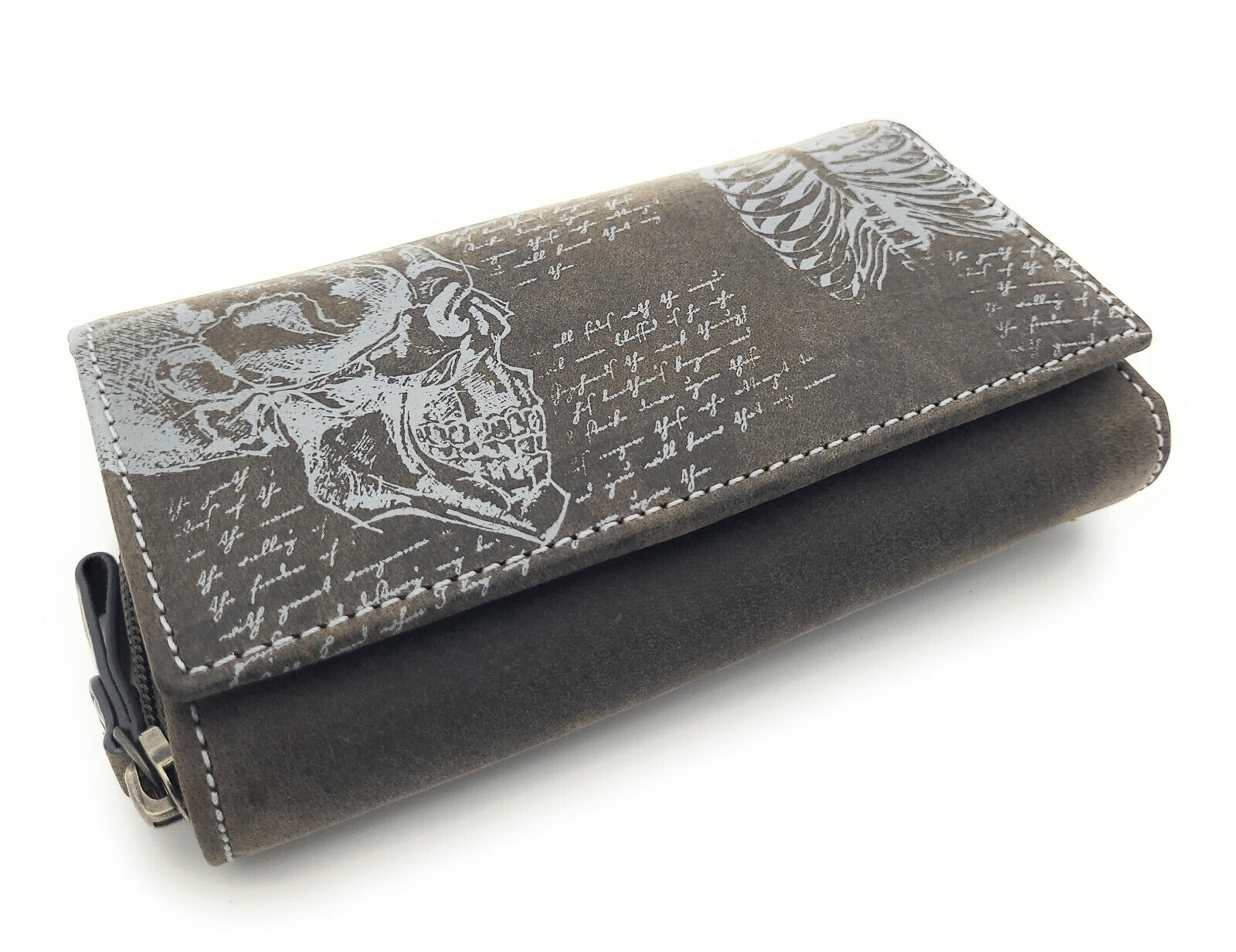 Jockey Club Geldbörse Büffelleder RFID-Schutz Totenkopf Design Grau