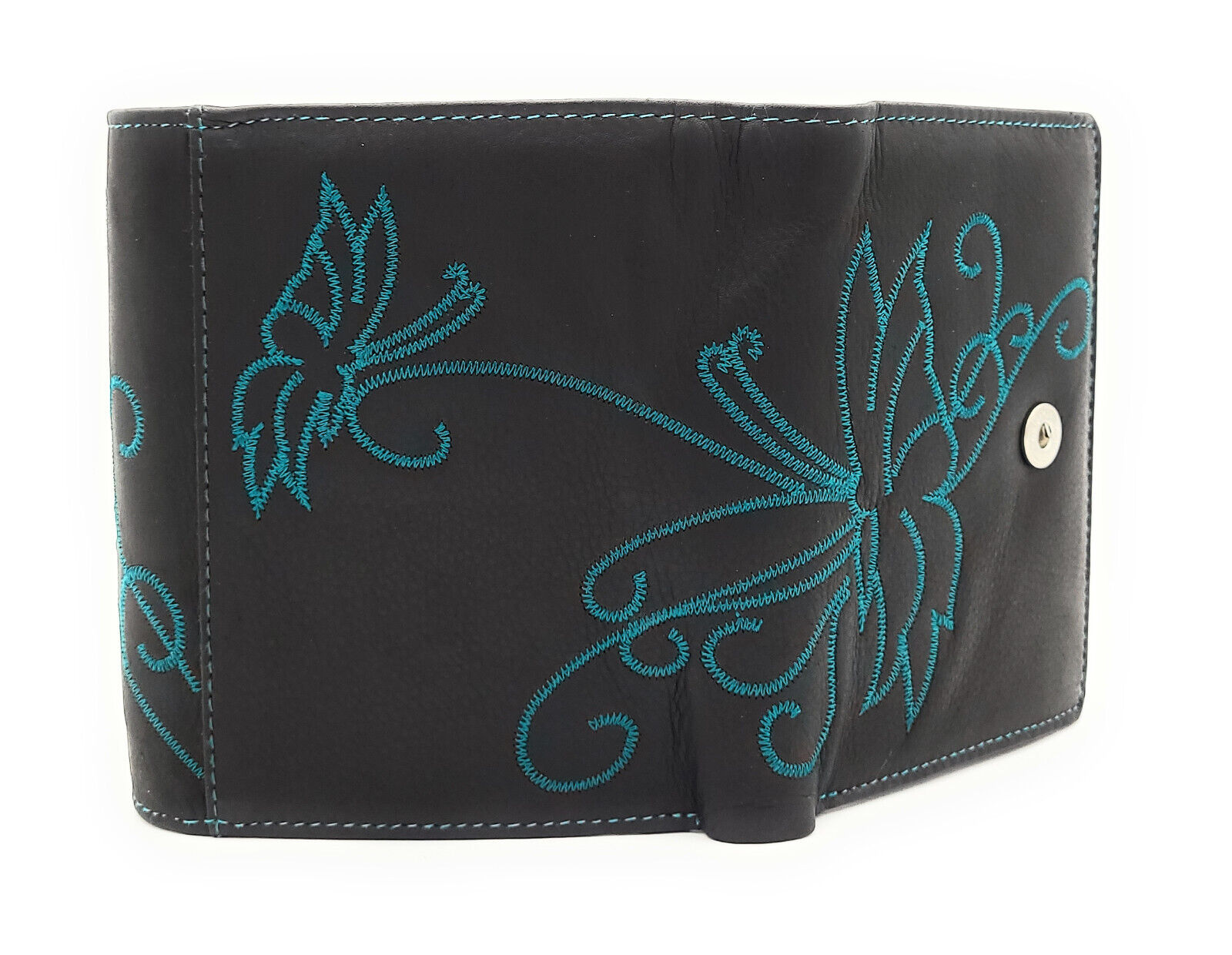 Jockey Club echt Leder Damen Geldbörse mit Stickerei Schmetterling + RFID Schutz petrol