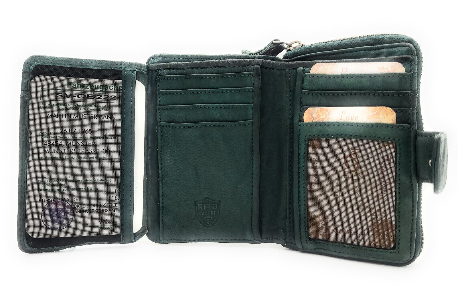 Jockey Club echt Leder Geldbörse Portemonnaie Vintage Style Shabby Chic Used Look mit RFID Schutz grün