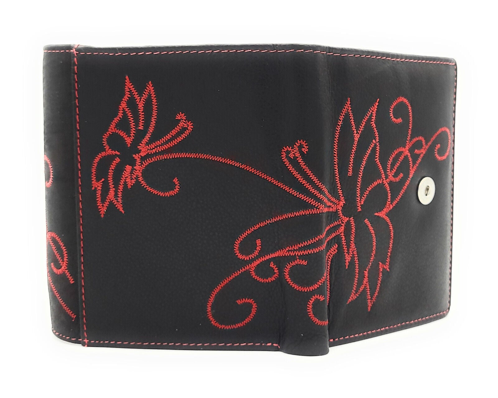 Jockey Club echt Leder Damen Geldbörse mit Stickerei Schmetterling + RFID Schutz schwarz rot