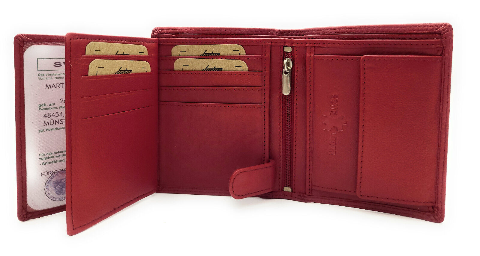 Lemasi Geldbörse Portemonnaie Geldbeutel aus weichem Rindleder 9 Kartenfächer Doppelnaht rot