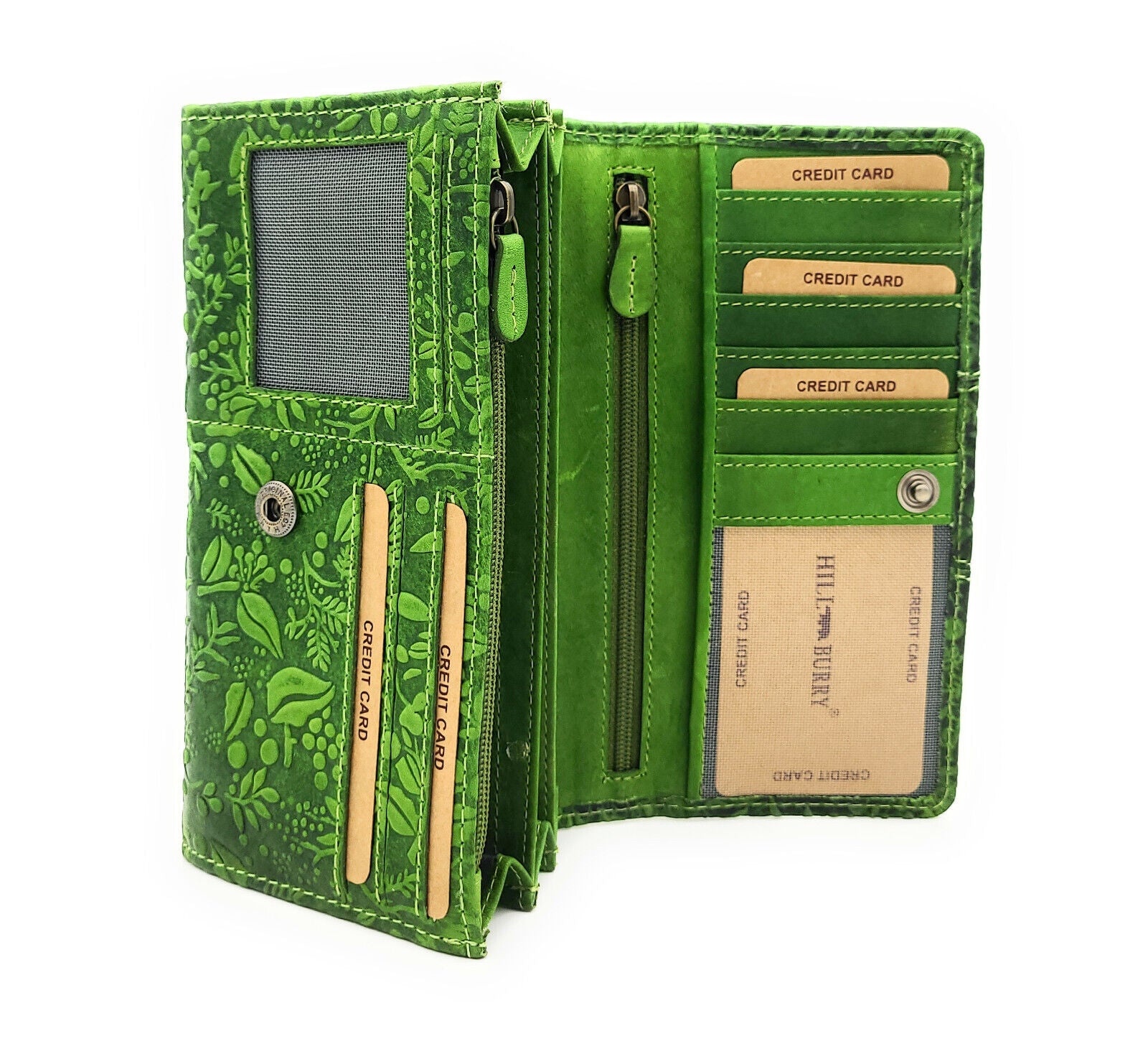 Hill Burry echt Leder Damen Geldbörse Portemonnaie floral mit RFID NFC Schutz grün