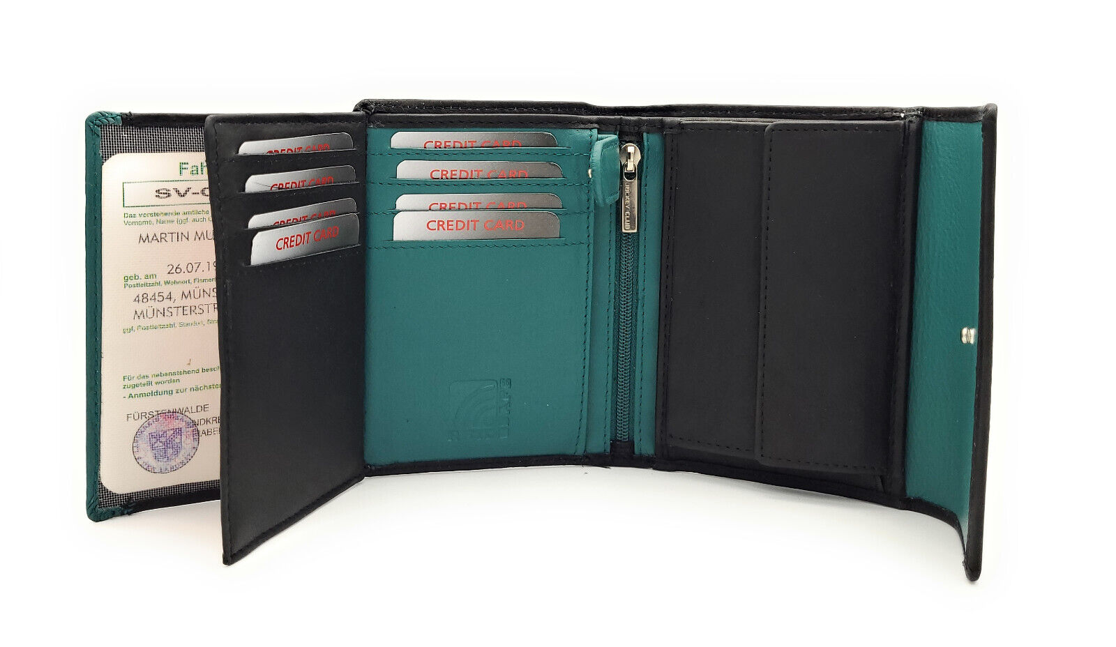 Jockey Club echt Leder Damen Geldbörse mit Stickerei Schmetterling + RFID Schutz petrol