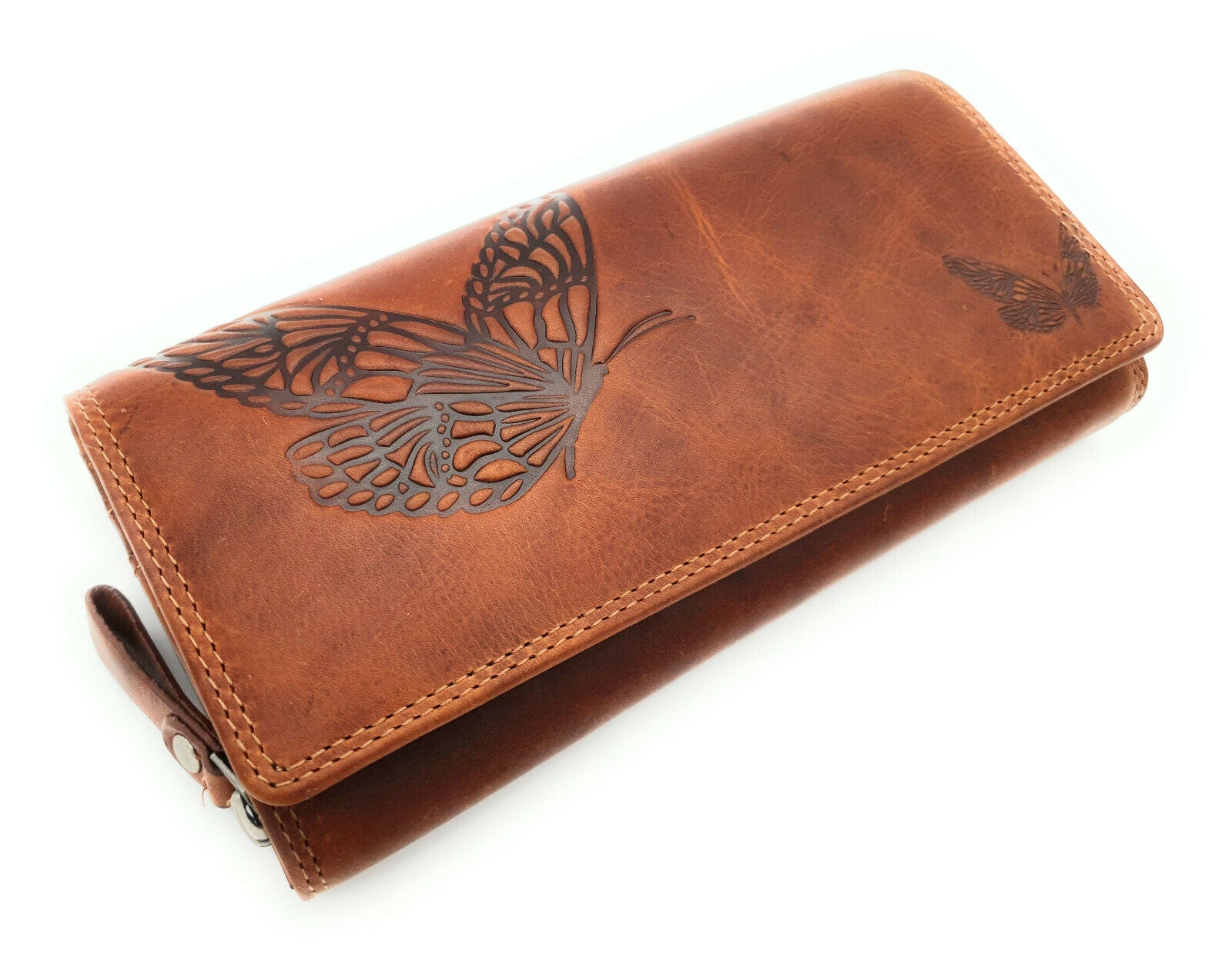 Jockey Club echt Leder Geldbörse Portemonnaie Geldbeutel Sauvage mit RFID Schutz Schmetterling cognac braun