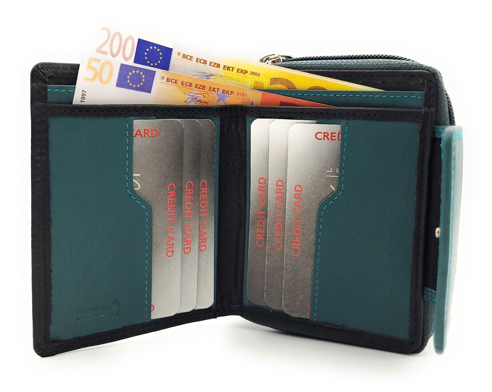 Jockey Club echt Leder Damen Geldbörse Portemonnaie mit RFID Schutz schwarz petrol