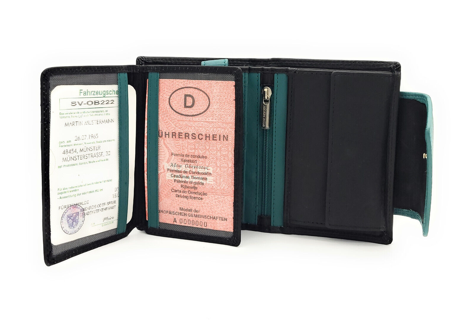 Jockey Club hochwertige Damen Geldbörse aus Echtleder mit RFID Schutz & Diagonalriegel – Handgefertigte Lederbörse mit vielen Fächern schwarz petrol