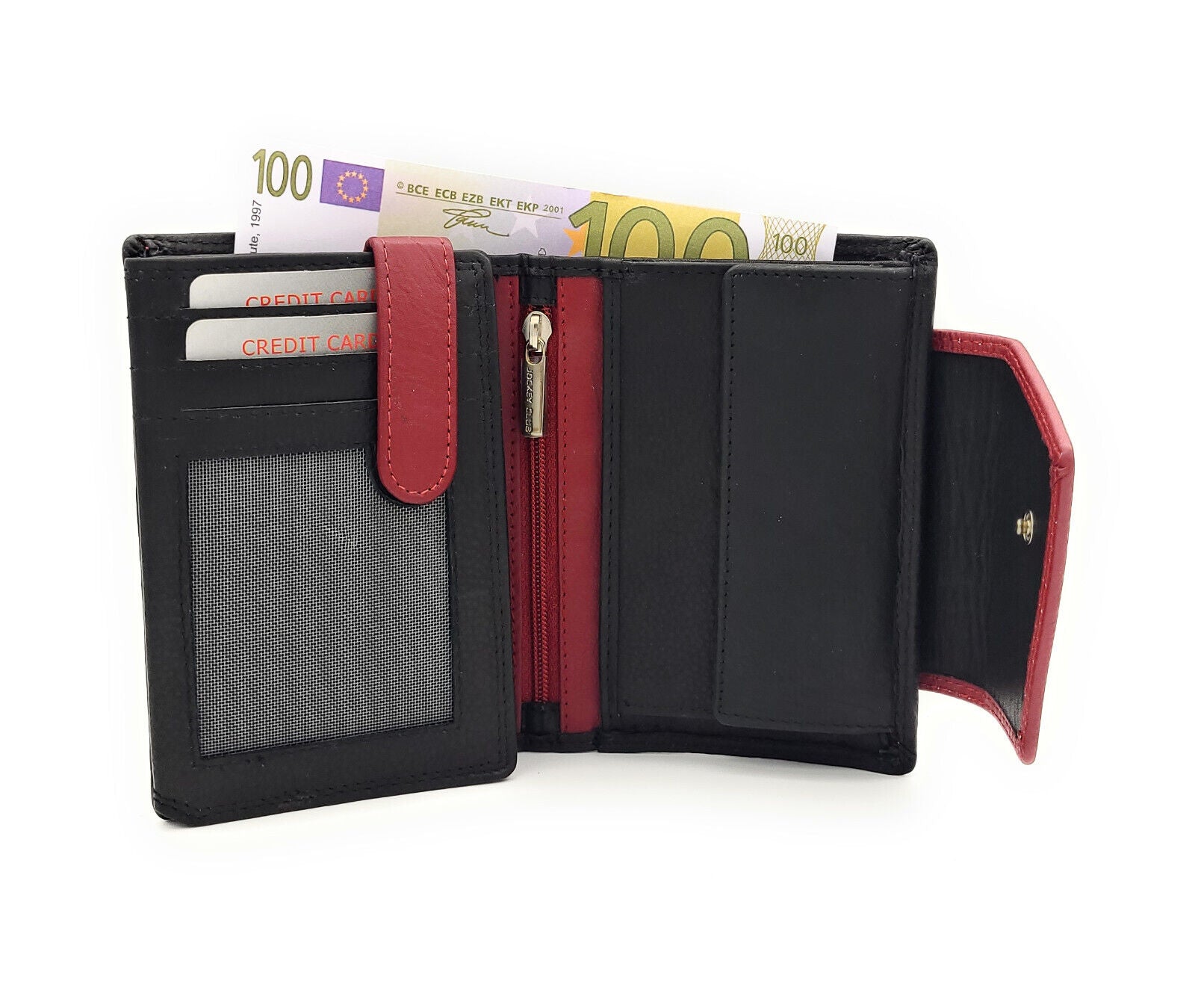 Jockey Club hochwertige Damen Geldbörse aus Echtleder mit RFID Schutz & Diagonalriegel – Handgefertigte Lederbörse mit vielen Fächern schwarz rot