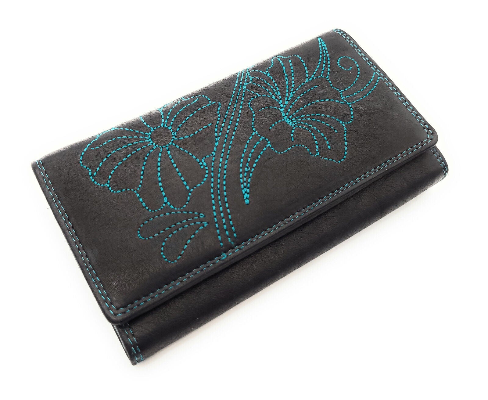 Jockey Club echt Leder Damen Geldbörse Portemonnaie mit RFID Schutz Flower petrol