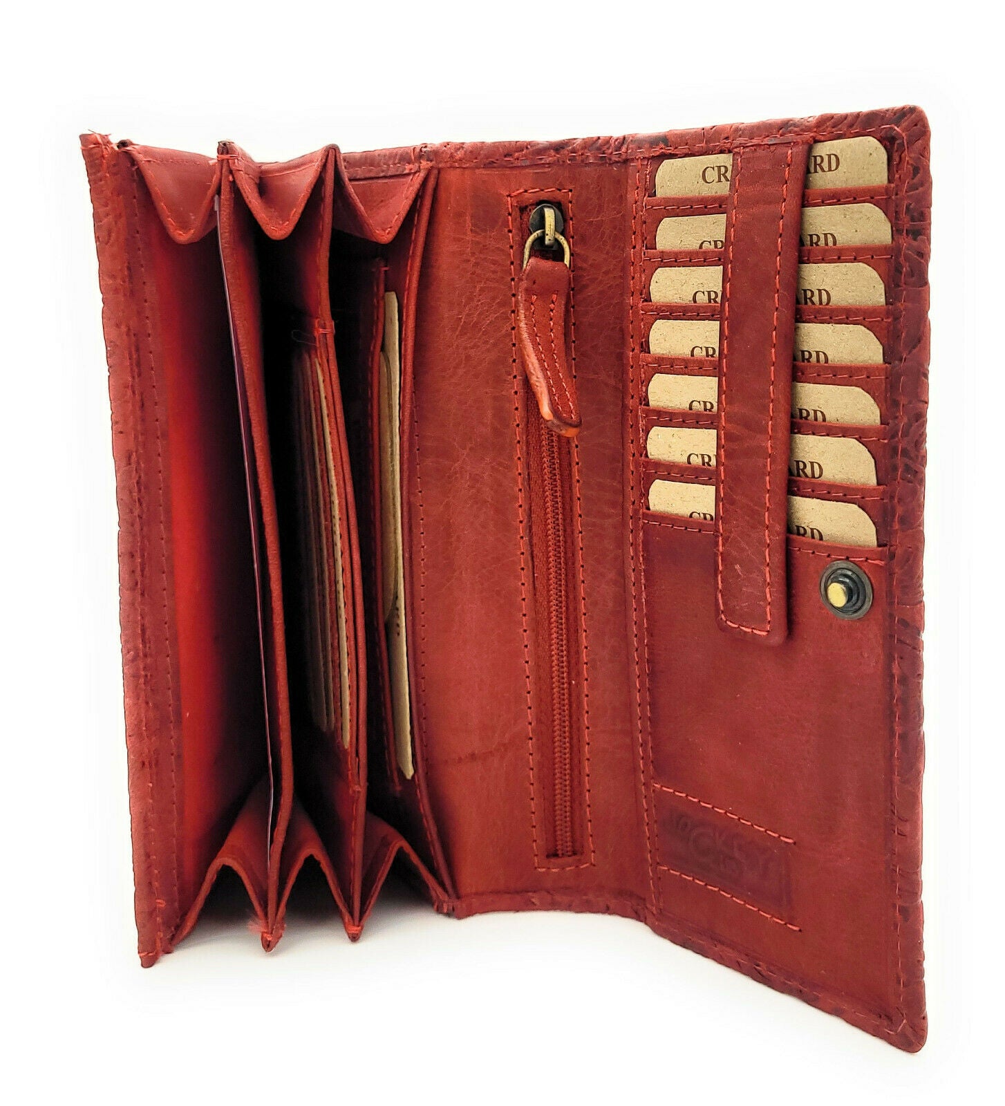 Jockey Club Damen Geldbörse lang Portemonnaie geprägtes Vollrindleder Ranken und Blüten mit RFID Schutz rot